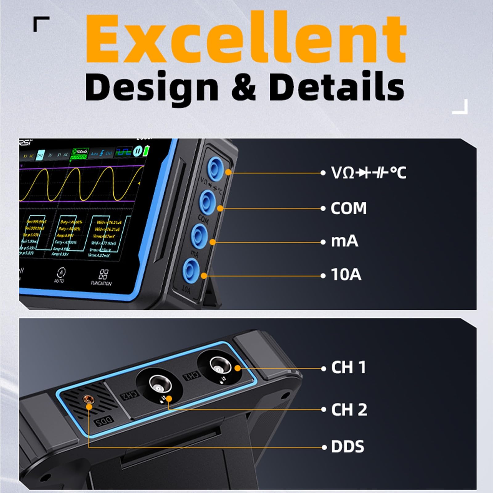 Jadeshay 2C53P Handheld Tablet Oszilloskop Multimeter DDS-Signalgenerator 3IN1 2-Kanal Automobil Oszilloskop Multimeter mit 50MHz Bandbreite 19999 Zählungen 250MS/s Abtastung 4,3-Zoll-Touchscreen