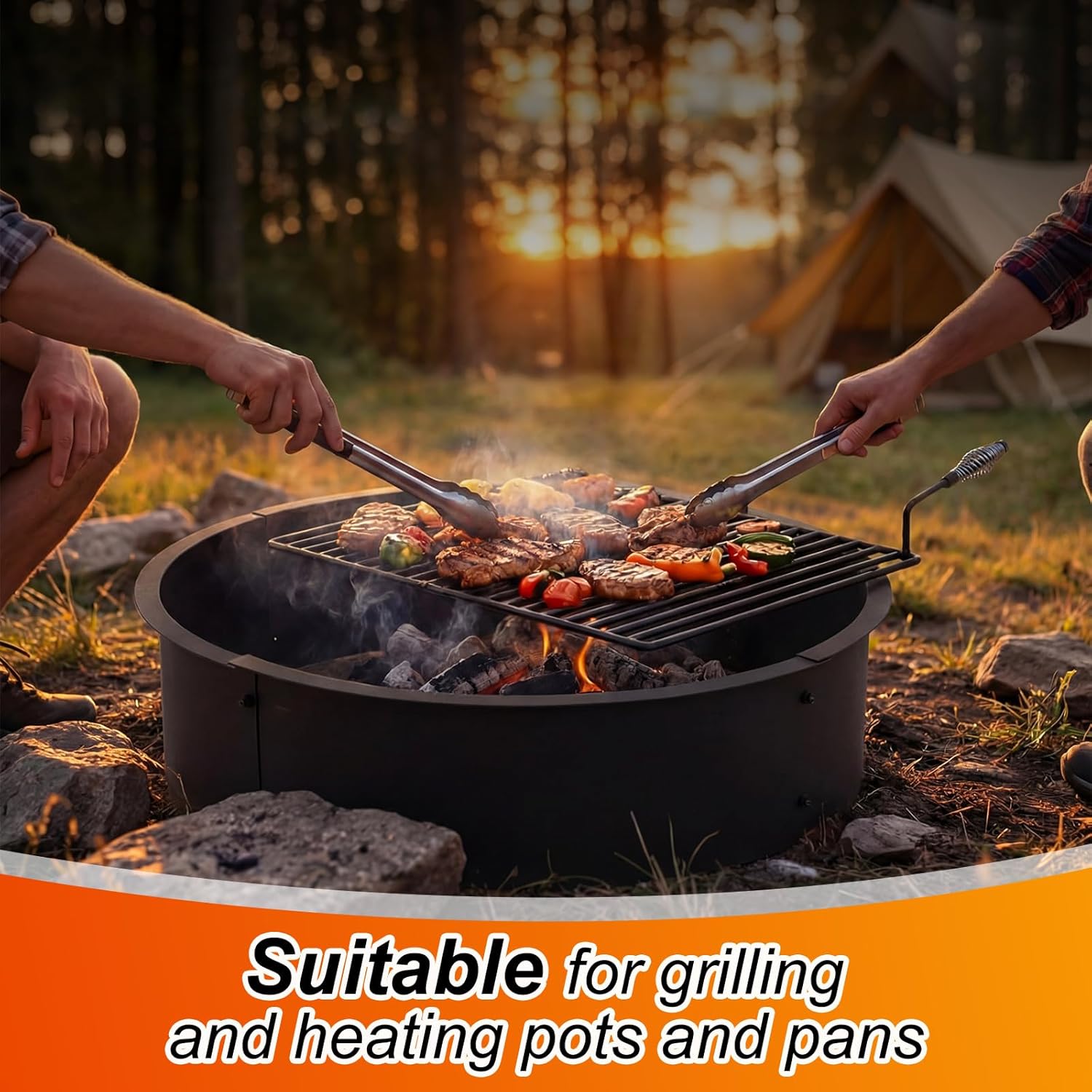 36 Inch Steel Heavy Duty Fire Pit Ring with 16" x 19" Grill Grate, Outdoor Wood Burning Campfire Pit with Spring Handle for BBQ Backyard, Patio & Bonfire Heating