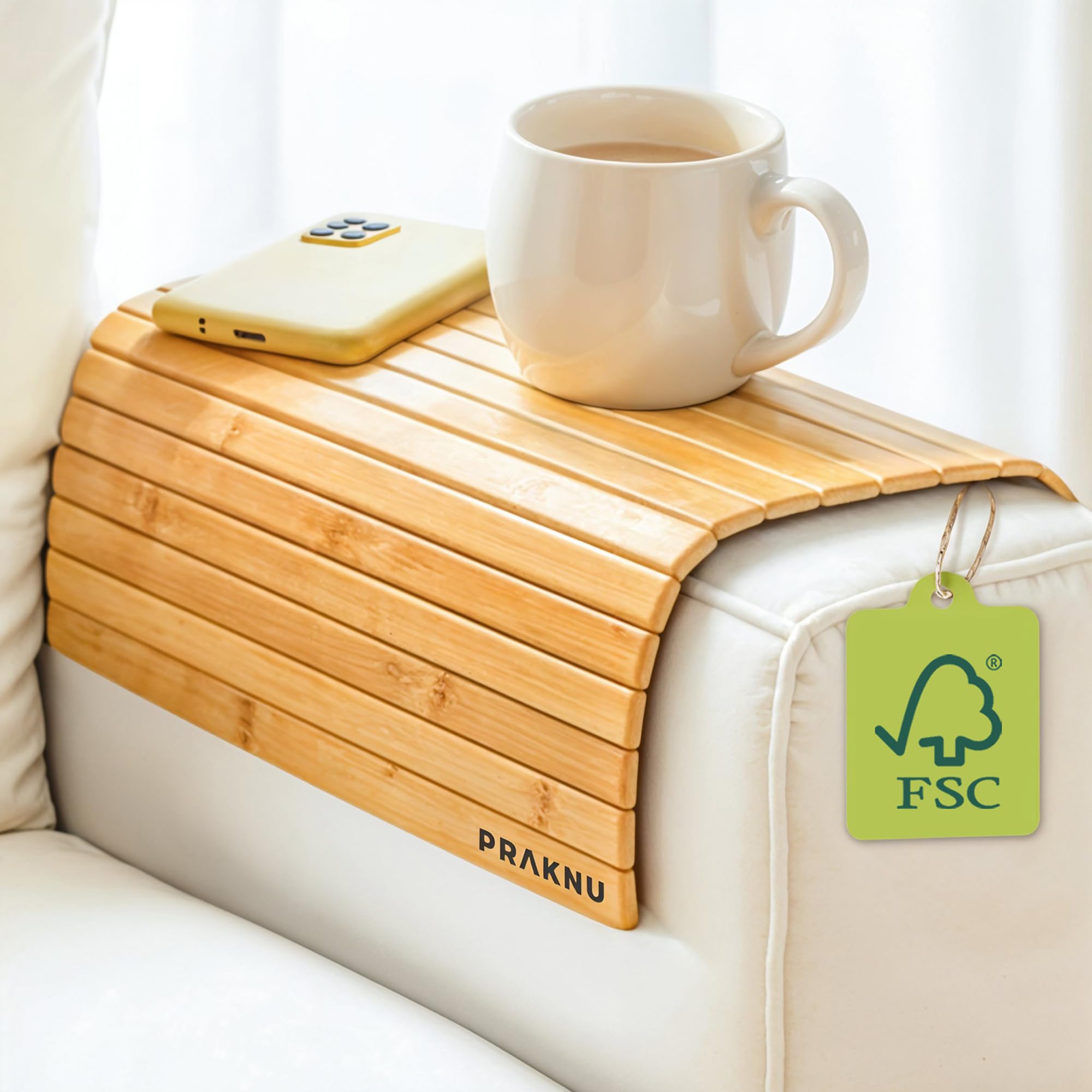 Vassoio Da Divano Vassoio Per Divano In Bambù Pieghevole - Con Supporto Telefono Girevole 360° Per Bracciolo Tavolo Legno Pieghevole - Foto 2