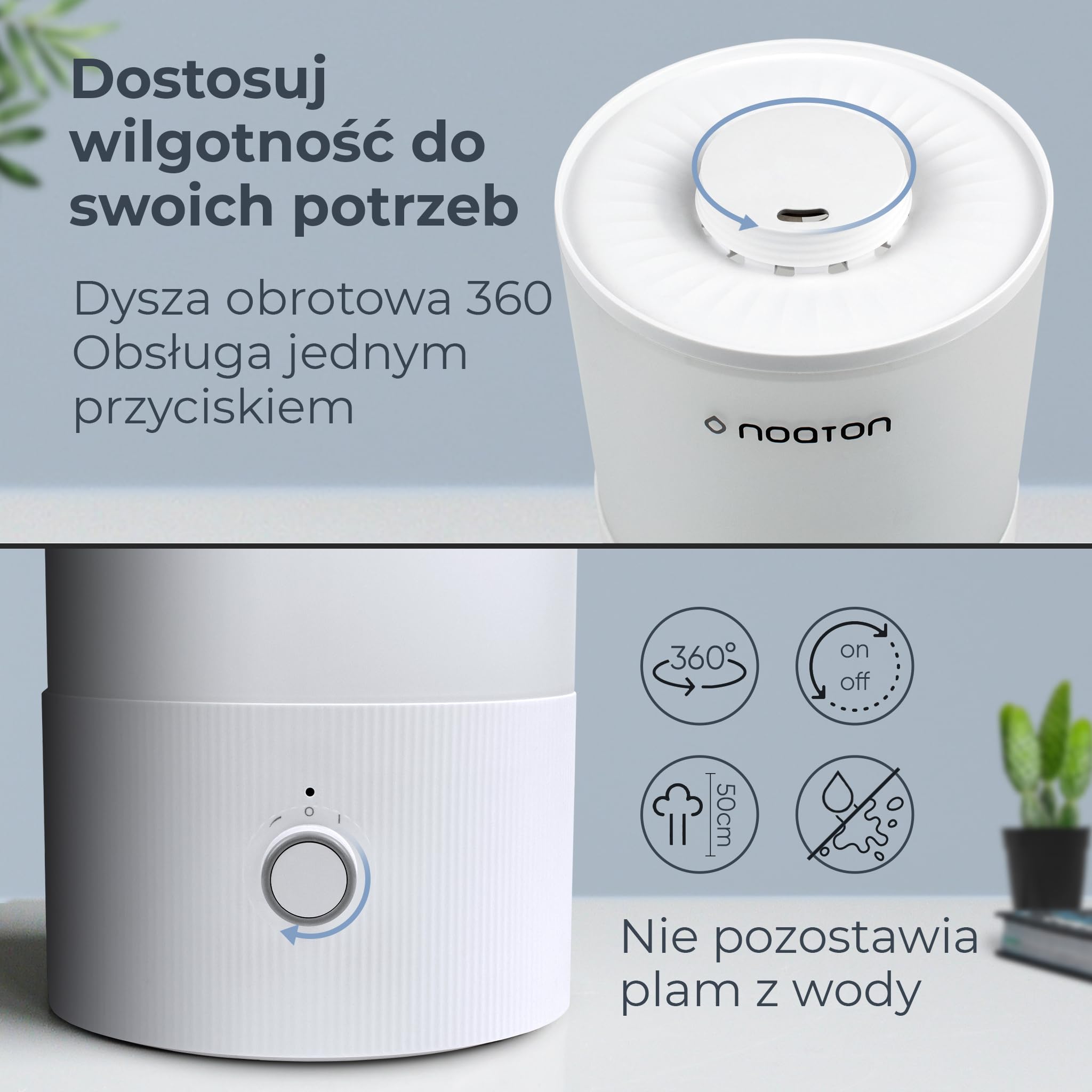 Noaton Essential Nawilżacz powietrza do sypialni 3,3L, dla dzieci i roślin, napełnianie od góry, czas pracy 33 godziny, oświetlenie LED, kontrola mgiełki, lampka nocna…