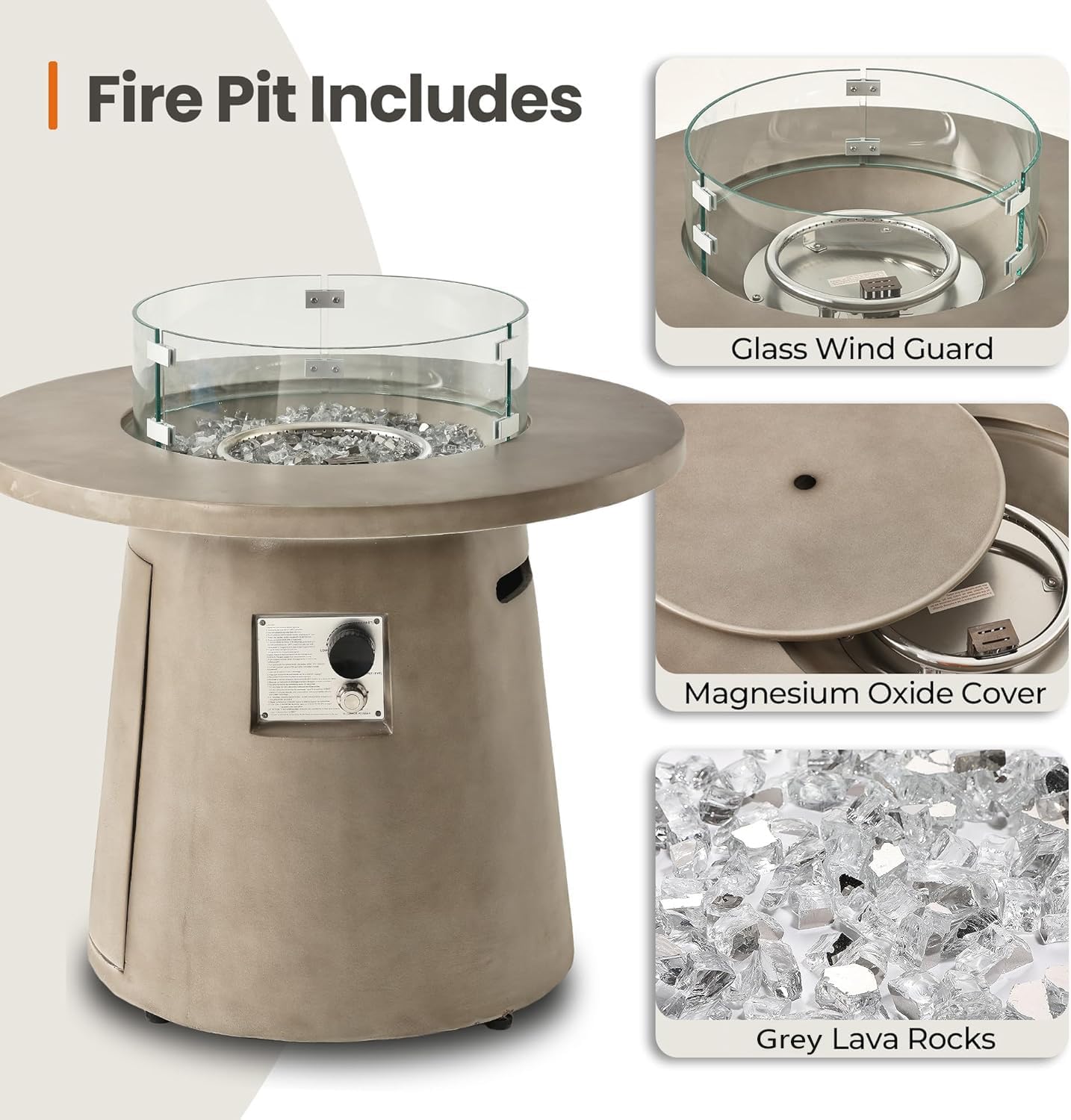 HOMPUS Outdoor Propane Fire Pit, 31 inch Round Gray Propane Fire Pit with 10 lbs Aqua Transparent Gray Glass Rocks, 40000 BTU Gas Smokeless Fire Pit Table, Patio Concrete Firepit with Rain Cover