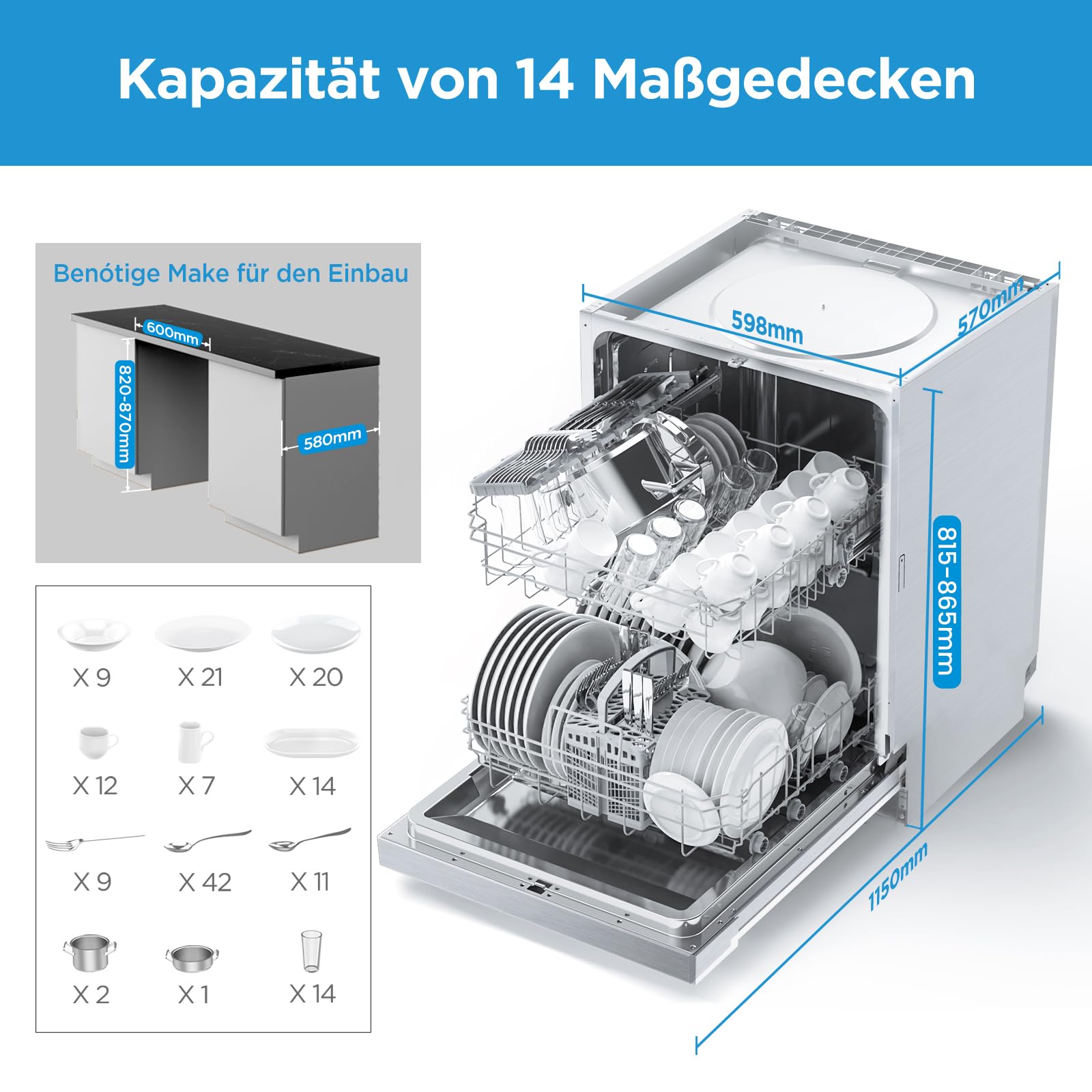 Midea MDWEU1435XSS-W, 14 controsoffitto, lavastoviglie 60 cm, parzialmente integrabile con WiFi, asciugatura extra, 7 programmi, 47 dB, ritardo di avvio 0-24h, acciaio inox