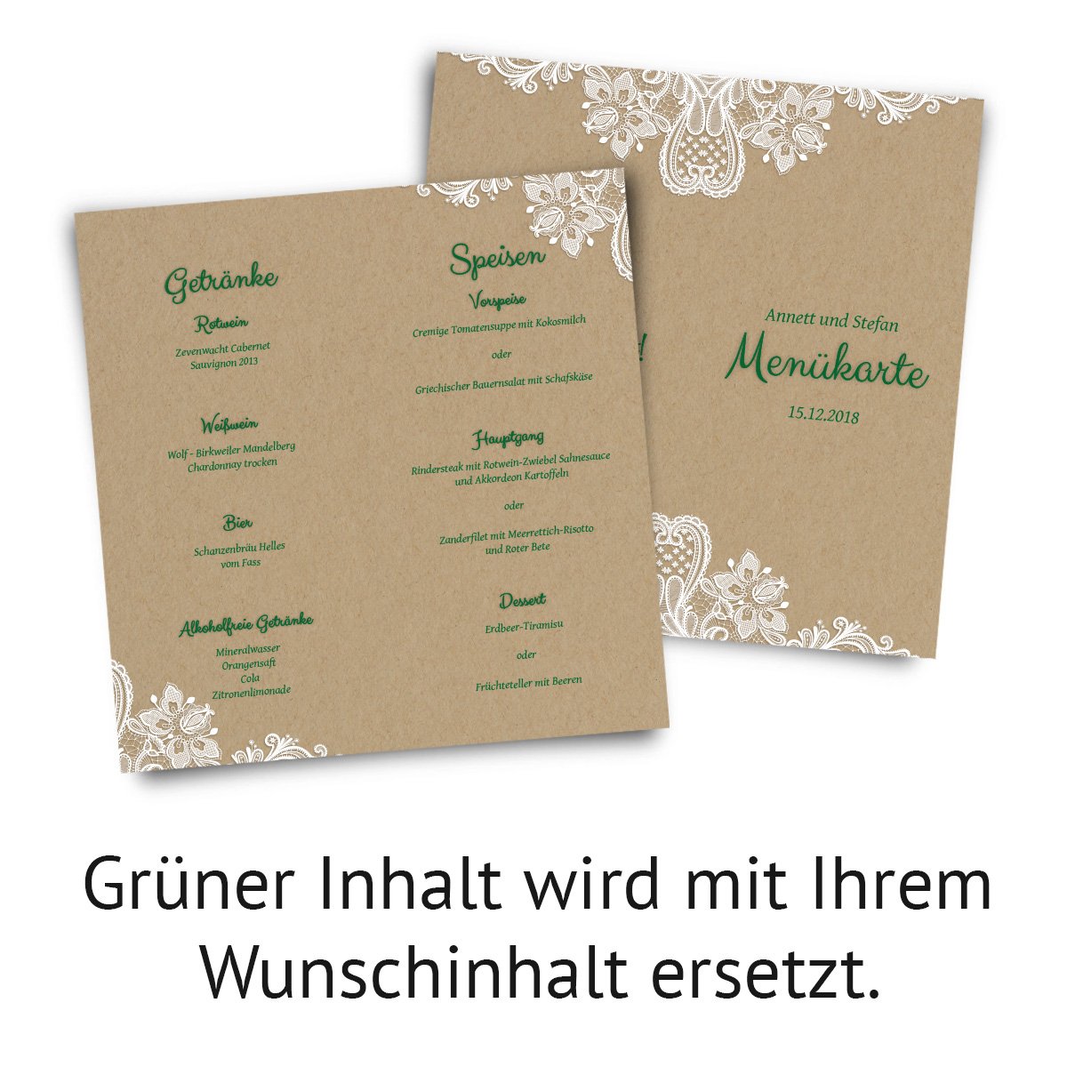 30 x Hochzeit Menükarten Menü Speisen Getränke - Rustikal Kraftpapier Look DIN Lang Klappkarte