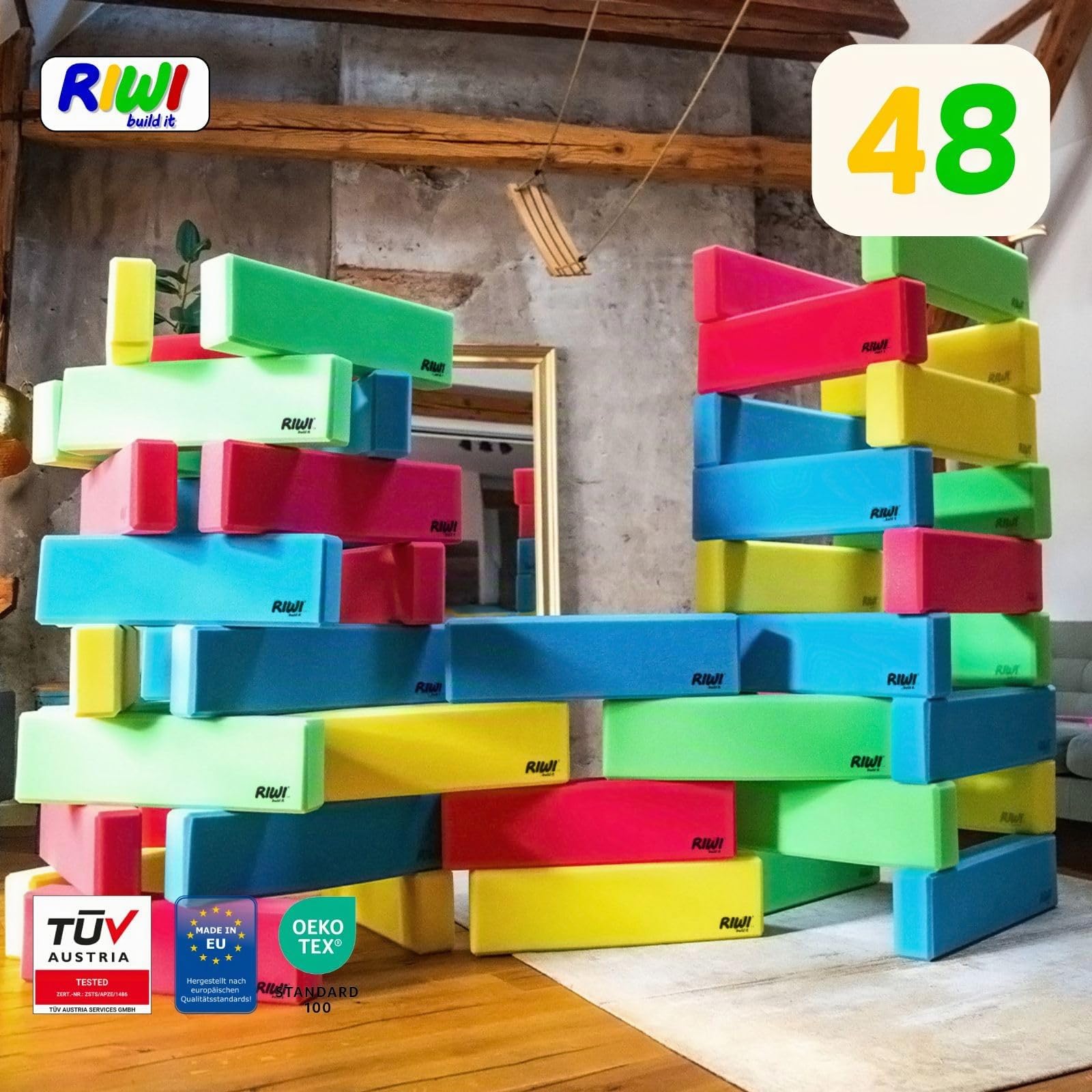 RIWI Juego de 48 bloques de construcción | Bloques de espuma XXL | grandes y suaves fichas para niños | Certificado TÜV Austria & Öko-Tex | Lavable a máquina
