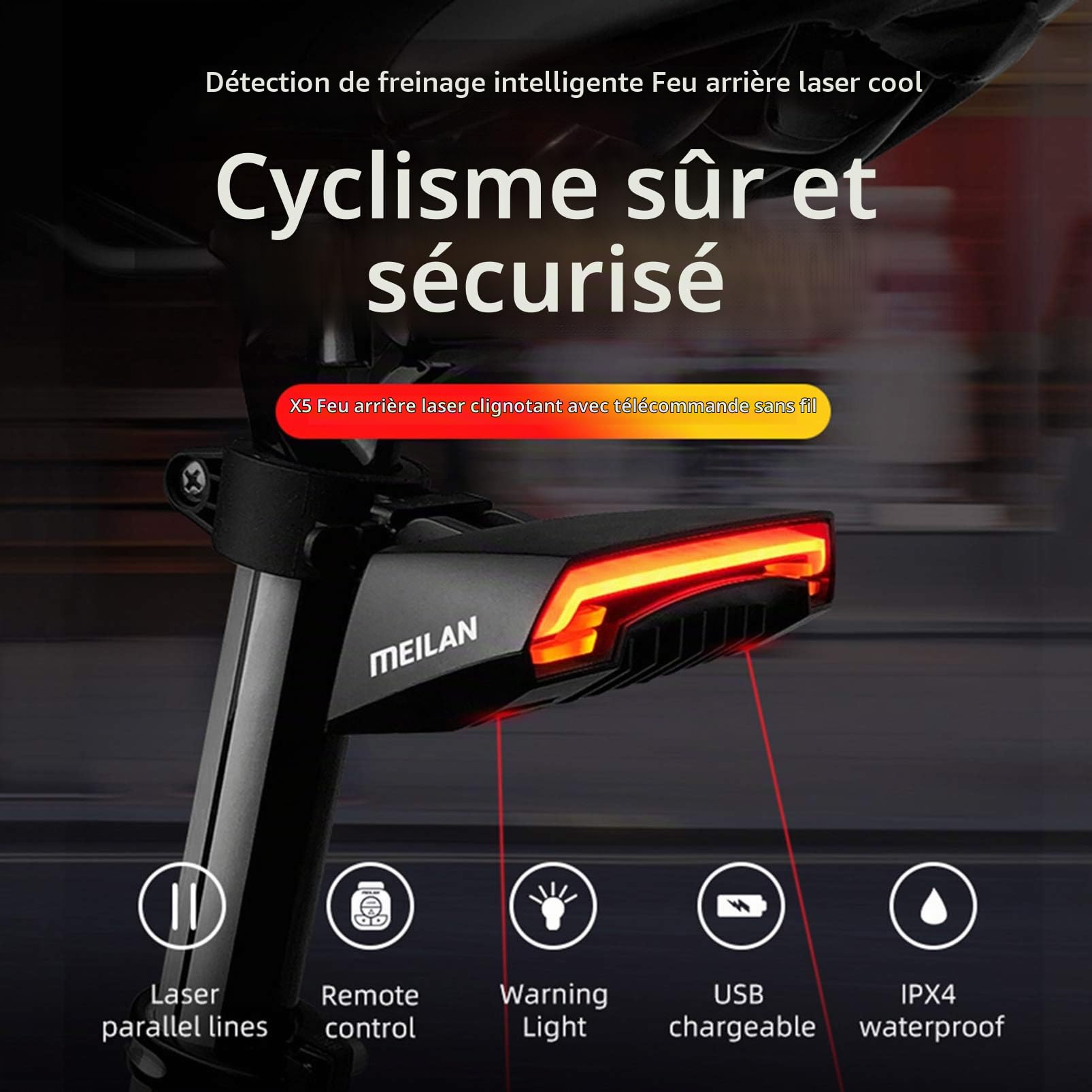Feux arrière de vélo,X5 Vélo Arrière Lumière Vélo À Distance sans Fil Lumière Clignotant LED Faisceau USB Chargeable Vélo Feu Arrière