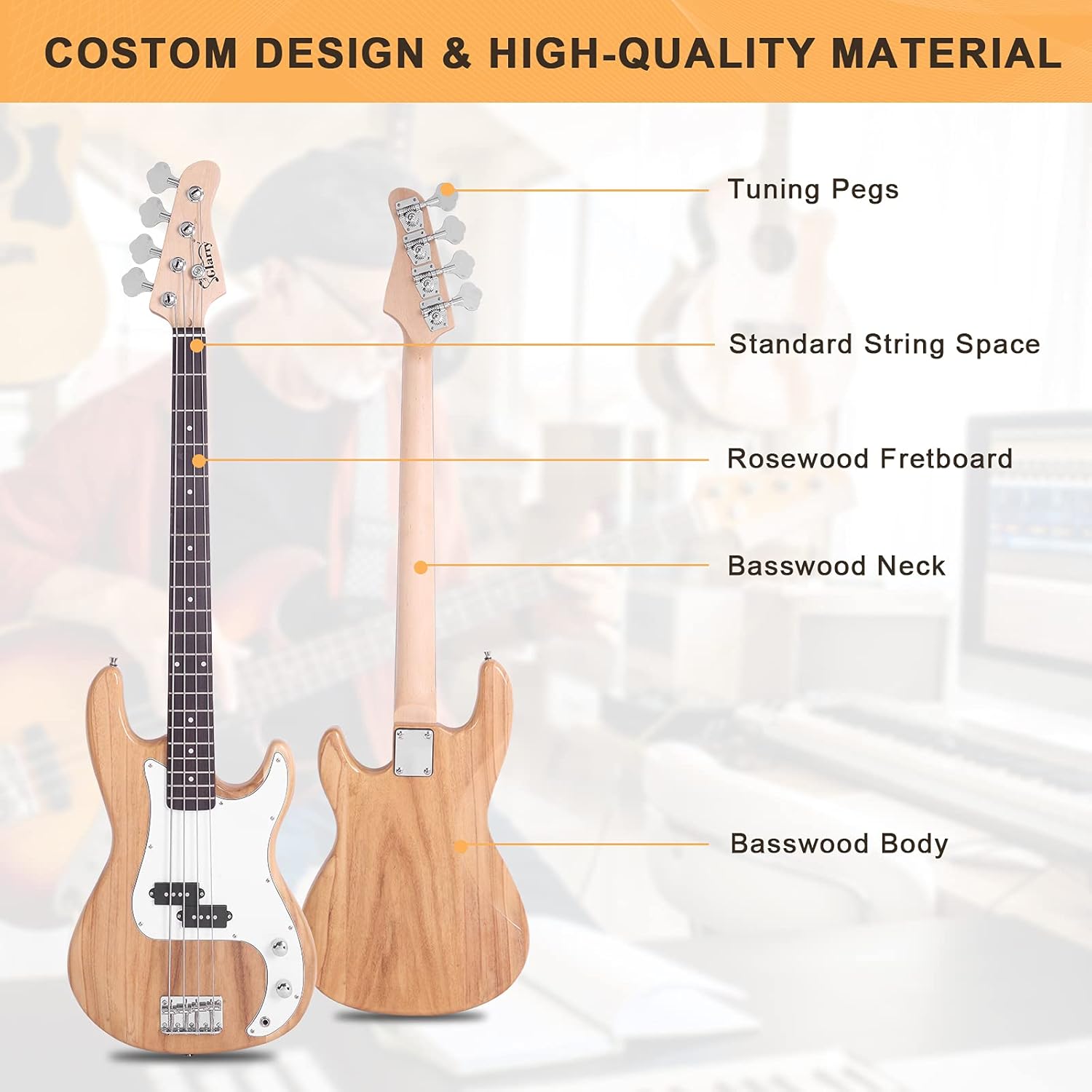 GLARRY Full Size Electric Bass Guitar Beginner Kit 4 String Exquisite Basswood Bass with 20W AMP, Cable, Strap, Bag and Accessories (Natural Wood, 39"Right Handed)