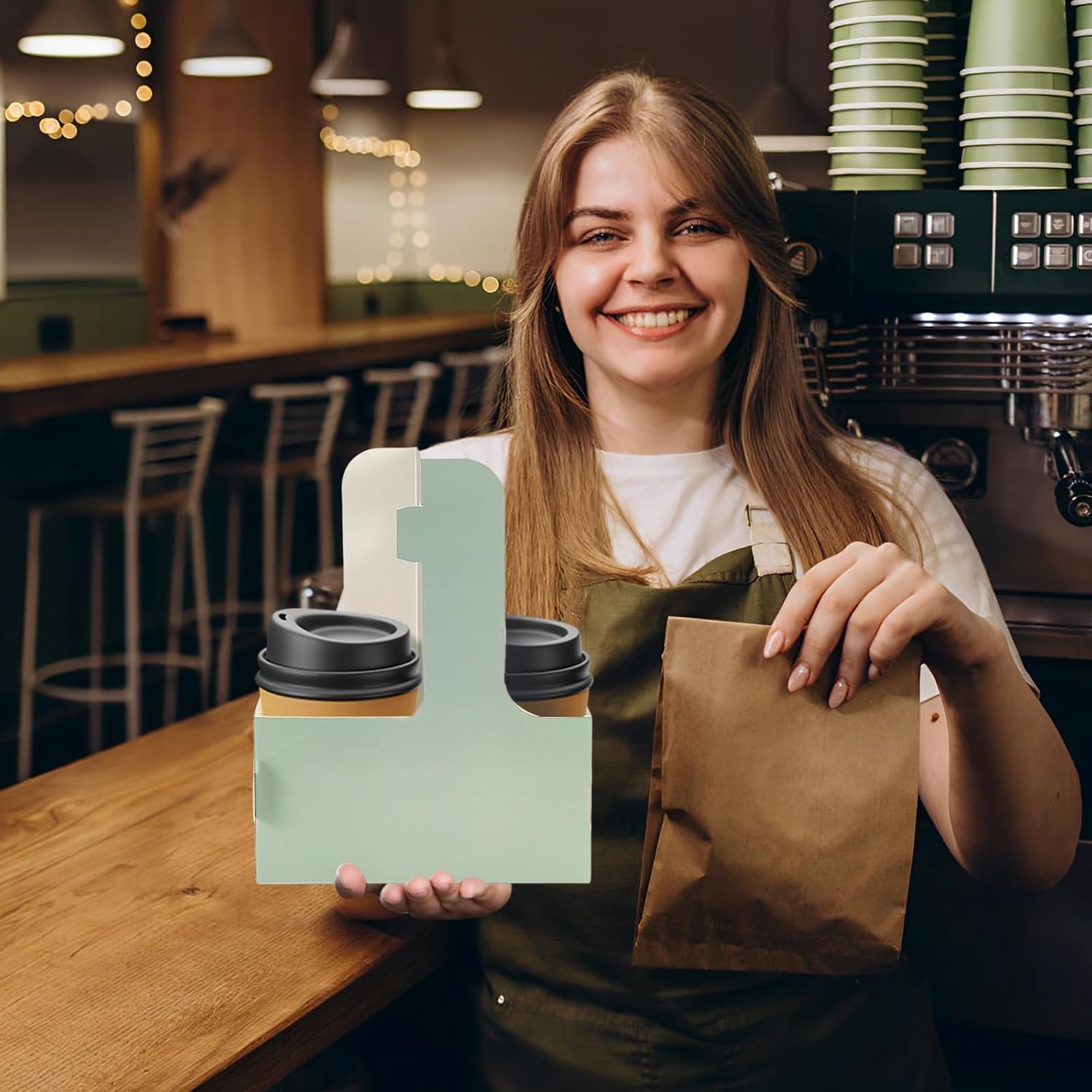 2 Cup Disposable Drink Carrier for Delivery with Handle,15 Count Green Paperboard Cup Holder,Cup Carriers for Hot or Cold Drinks,Coffee Carrier, Food Delivery,Take Out Cup Carriers (Green, 15 PCs) - Image 7