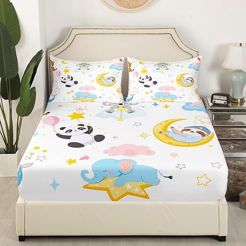 Miniatura 3 de Kawaii - Sábana bajera ajustable de animales, tamaño individual, lindo panda, elefante, perezoso, koala, caricatura, estrella, luna y arco iris,