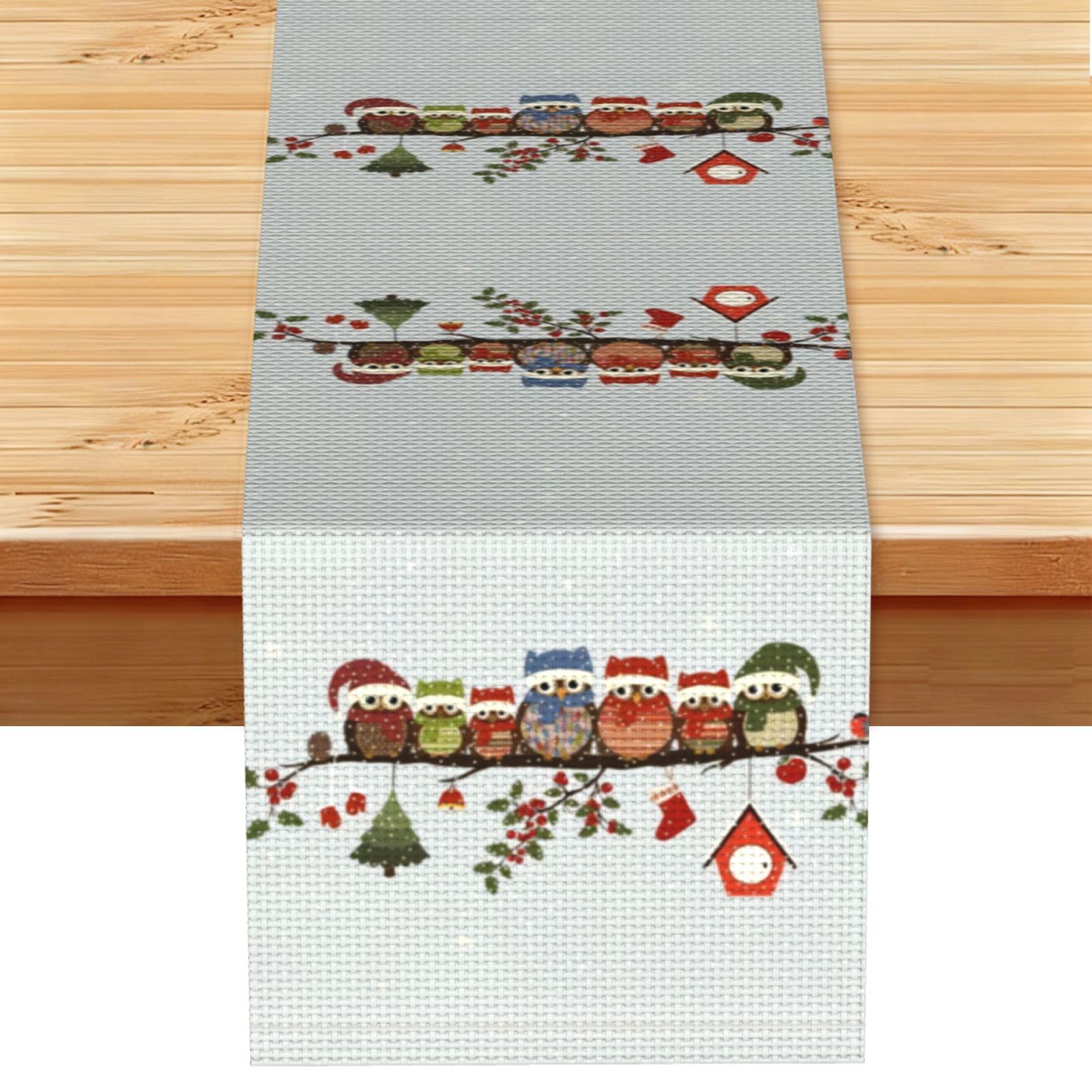 Cute Christmas Owls on Branch Linen Feel Table Runner Wedding Party Home Decoration