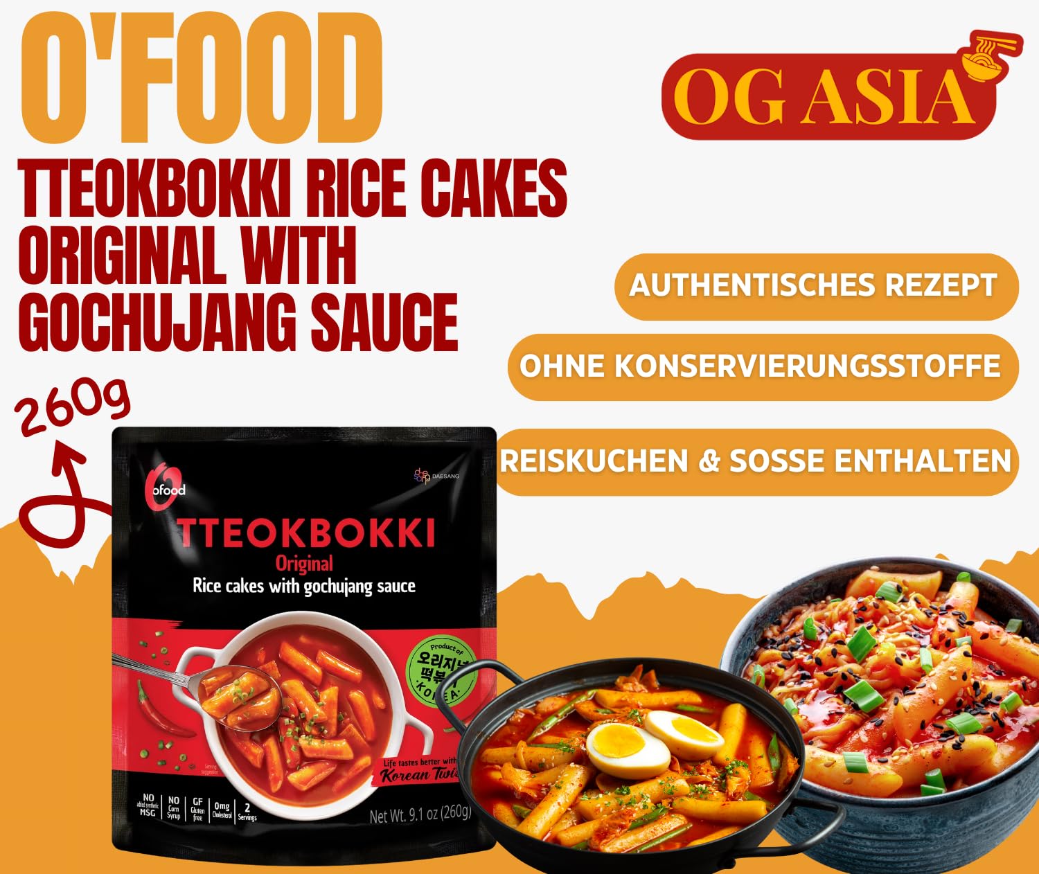 O'Food Topokki Original z sosem Gochujang - koreańskie ciasto ryżowe - ostre i autentyczne - OG ASIA - 260 g