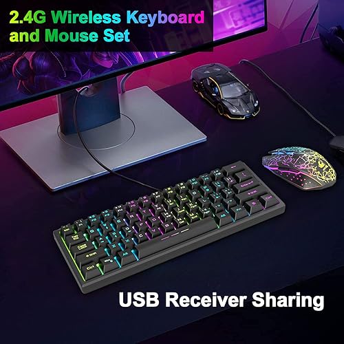 Miniatura 6 de Combo de teclado y mouse inalámbricos para juegos, teclado retroiluminado arcoíris de 61 teclas con recargable de 4000 mAh, sensación mecánica,