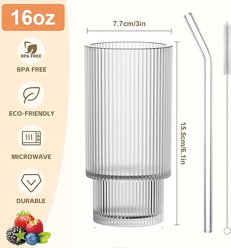 Miniatura 3 de Vasos de vidrio acanalado de 16 onzas con tapas y popotes, tazas de café helado con tapa de bambú, cristalería vintage para whisky, cóctel, cerveza,
