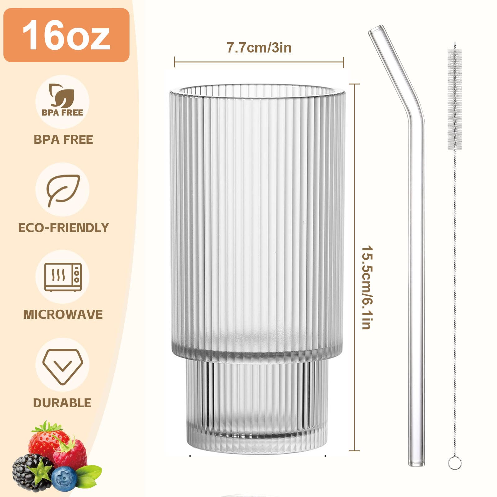 Vasos de vidrio de 16 onzas con tapas y popotes, tazas de café helado con tapa (6 vasos, 6 tapas y 6 popotes)