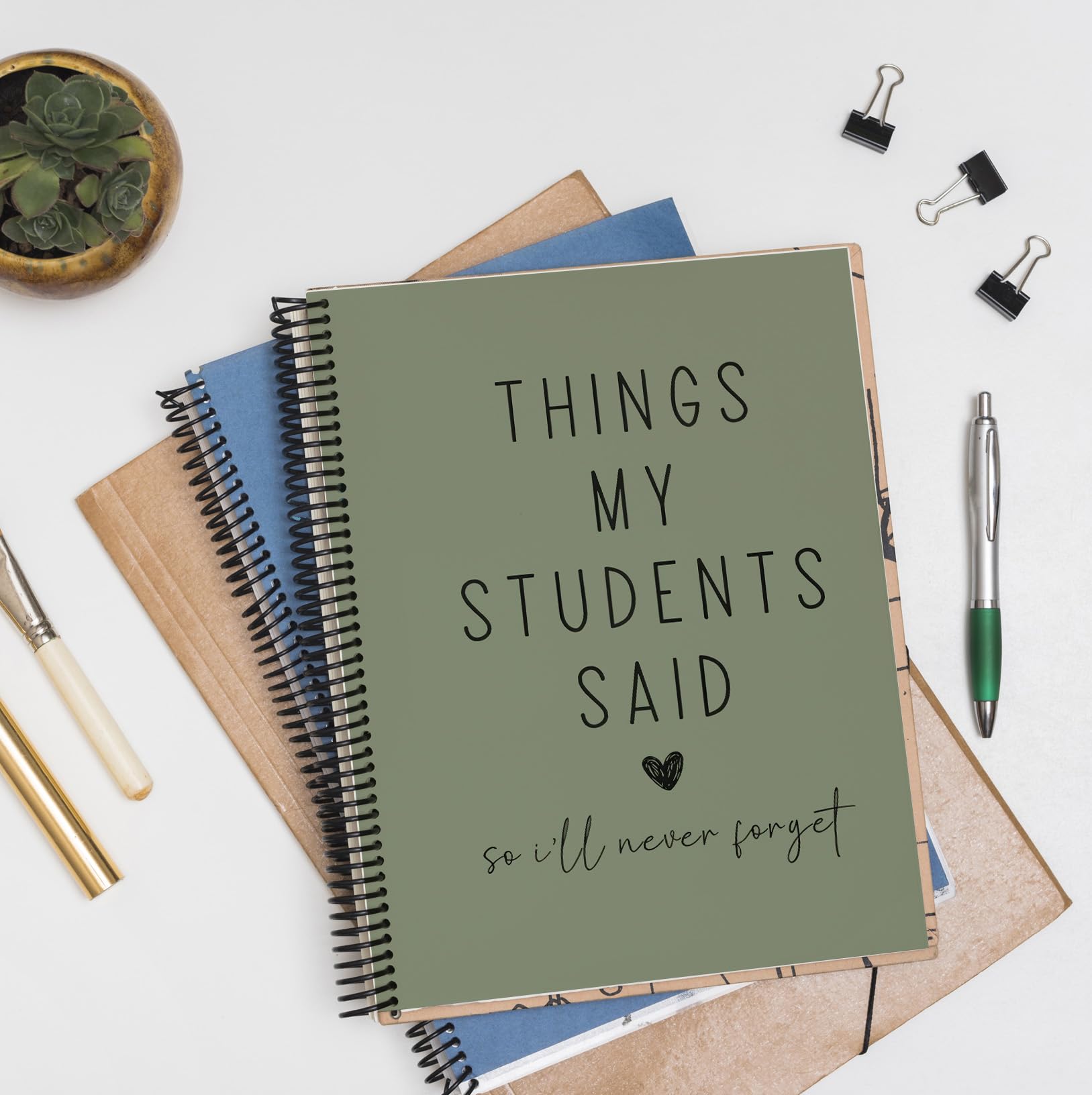 Teacher Appreciation Gift Notebook, Funny Teacher Gift, “Things My Students Said” Journal, Lined A5 Notebook 8.3 x 5.5 Inches 80 Pages, Minimalist Aesthetic Olive Green Keepsake for Teachers.