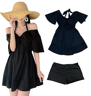 [Lalapala] 水着 レディース ワンピース 2点セット 体型カバー 大きいサイズ 黒 セクシー オフショルダー 肩出し 2way 着痩せ 盛れる 韓国 軽量 大人 ショーツ ワイヤー入り フレア 露出控えめ 可愛い ママ水着