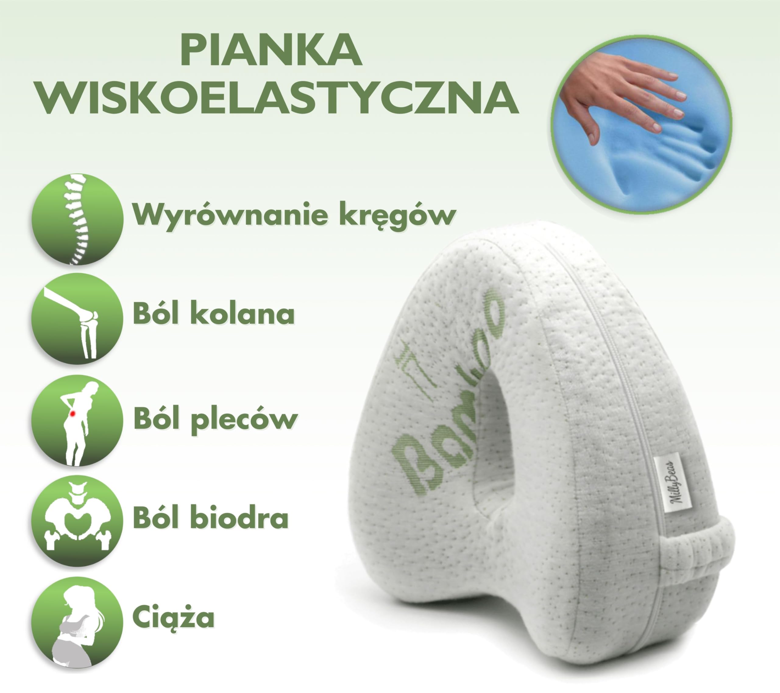MillyBeas Poduszka na kolana do spania na boku – zaprojektowana przez lekarza ortopedyczna poduszka na nogi z pianki z pamięcią kształtu ze zdejmowanym pokrowcem bambusowym do łagodzenia bólu pleców