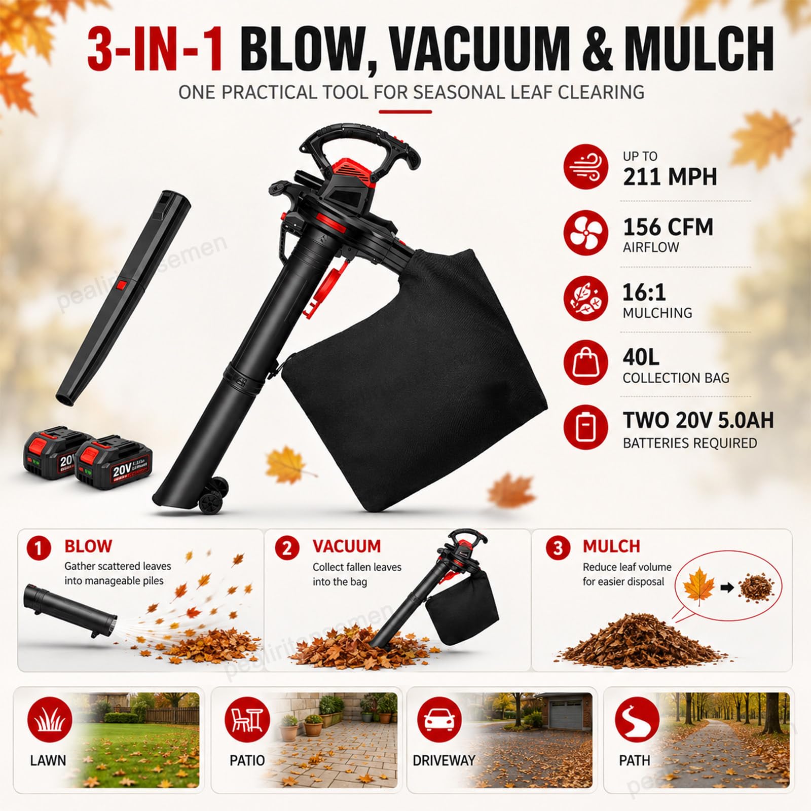 Souffleur Aspirateur Broyeur 40V Avec Vitesse Jusqu’À 211 MPH 4×5.0Ah