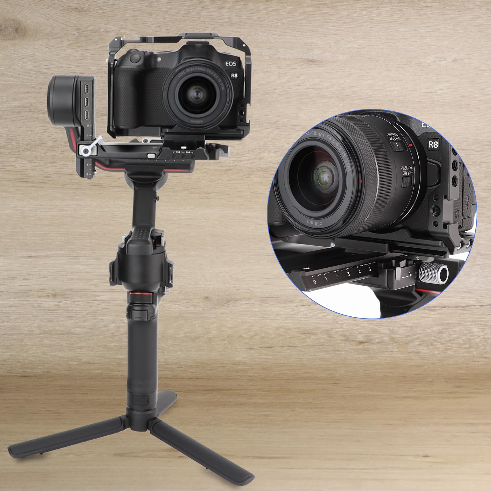 LEFTFOTO Gabbia per fotocamera Canon EOS R8 con base Arca, scarpa fredda, slot per cinghia, fori per viti da 1/4 e 3/8", compatibilità stabilizzatore DJI RS - per riprese video Vlog