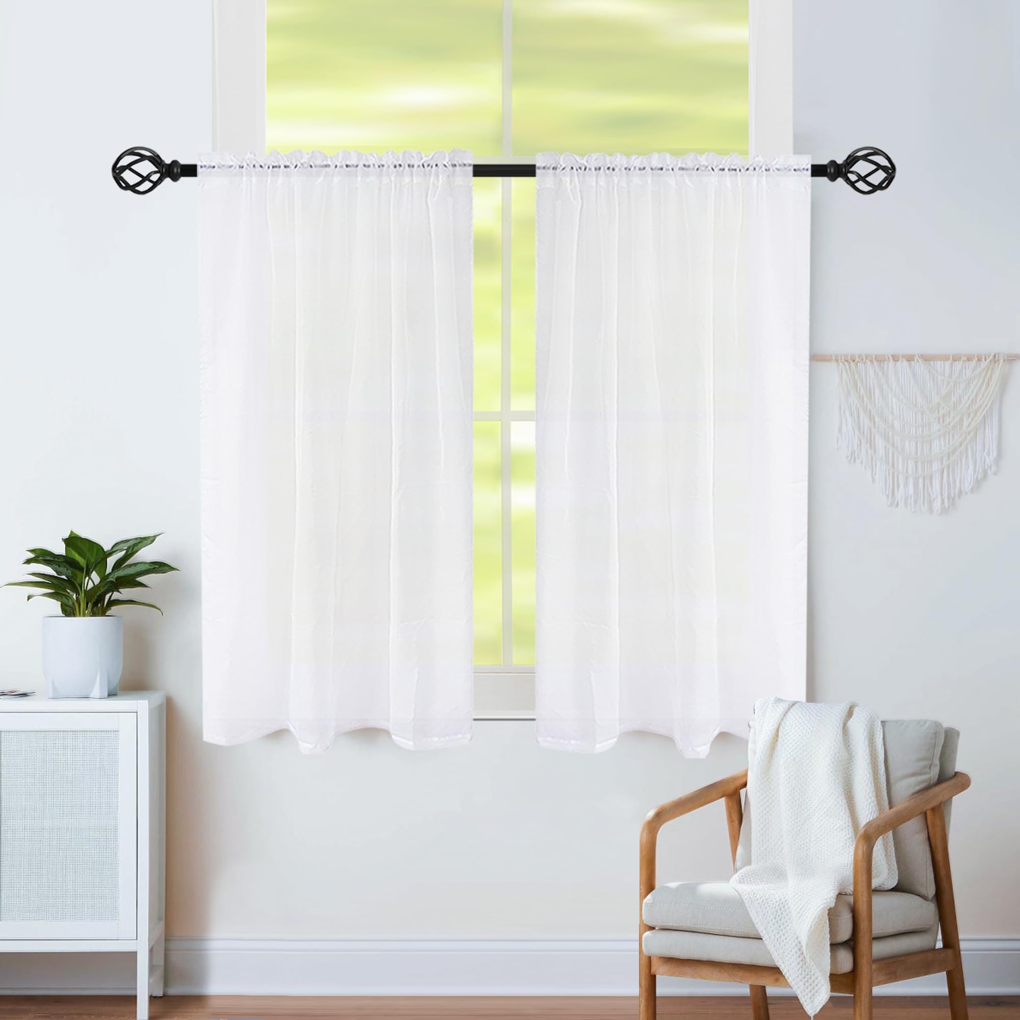 Karseteli Semi Voile White Sheer Curtains Valances 24 Inches Long 2 Panels Rod Pocket Window Treatment for Living Room Bedroom Dining Room(White 26" W