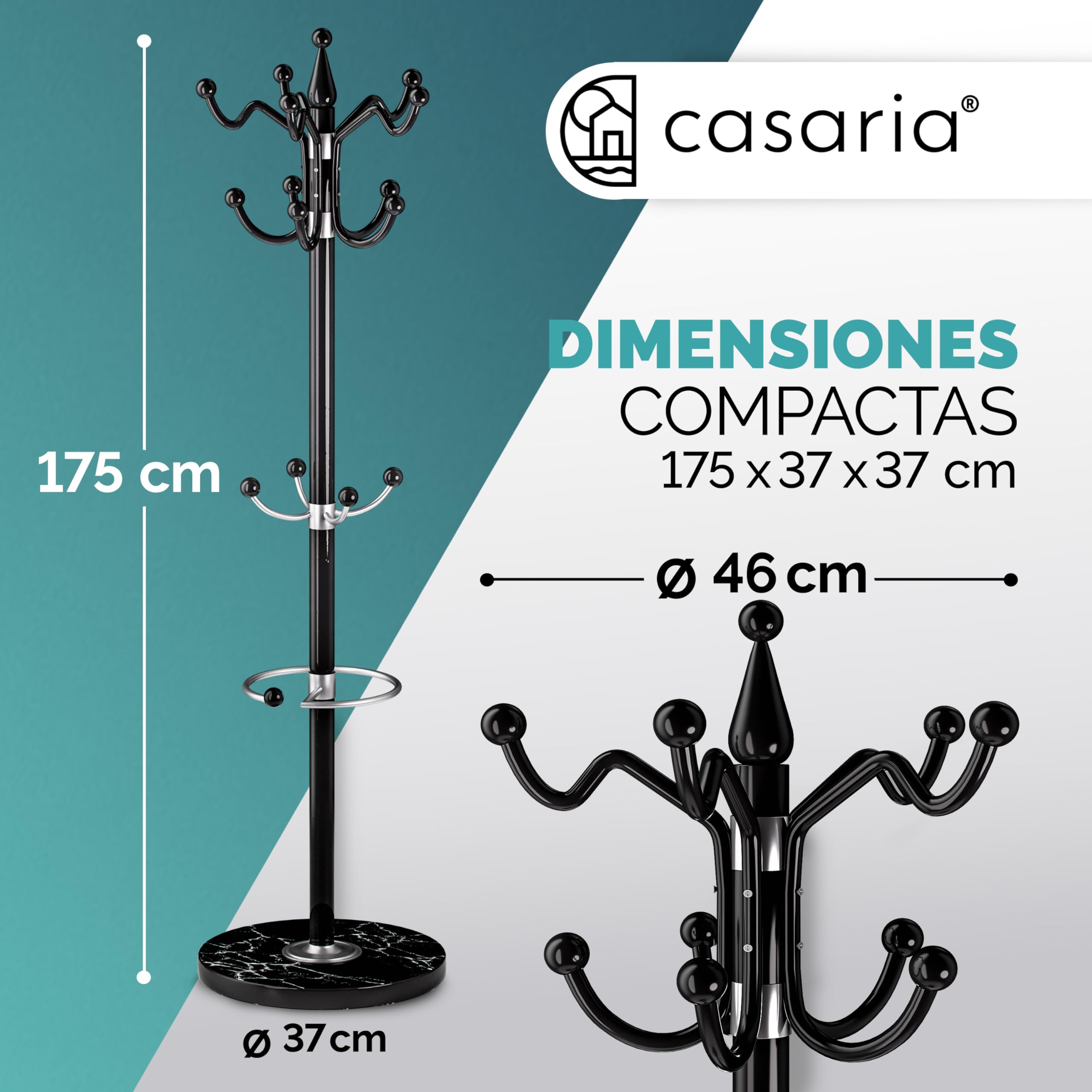CASARIA® Perchero de Pie, Forma de Árbol, 14 Ganchos, Base Mármol, para Pasillo Recibidor Entrada, Colgador Chaquetas Sombreros Ropa Resistente Bolsos 175x37cm