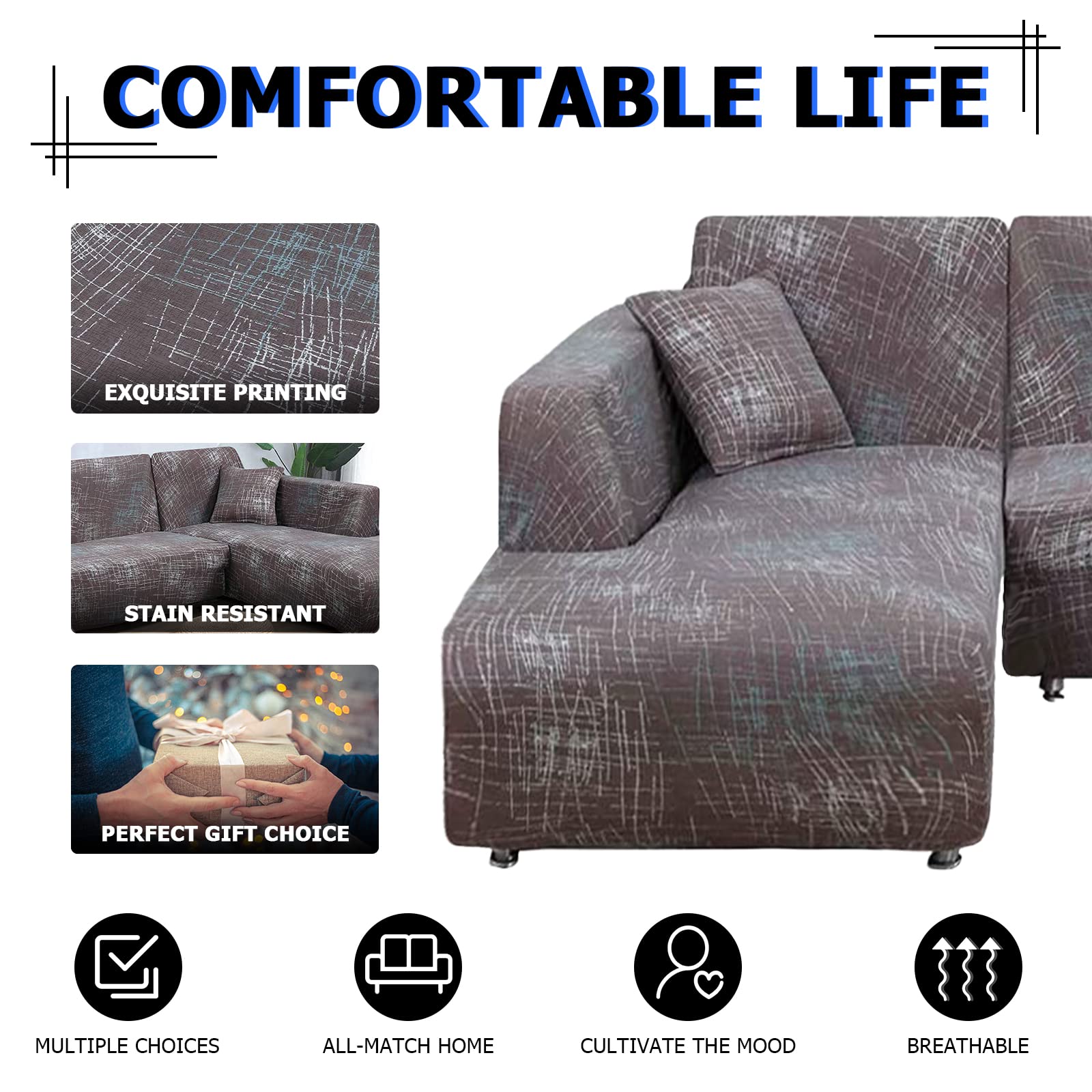 Lydevo Copridivano con Penisola Elasticizzato,Copridivano Angolare a Sinistra/Destra Universale con 2 Federi,Fodere Divano Penisola Forma di L,Chaise Longue Sofa Cover(3+3,Struttura Grigia)