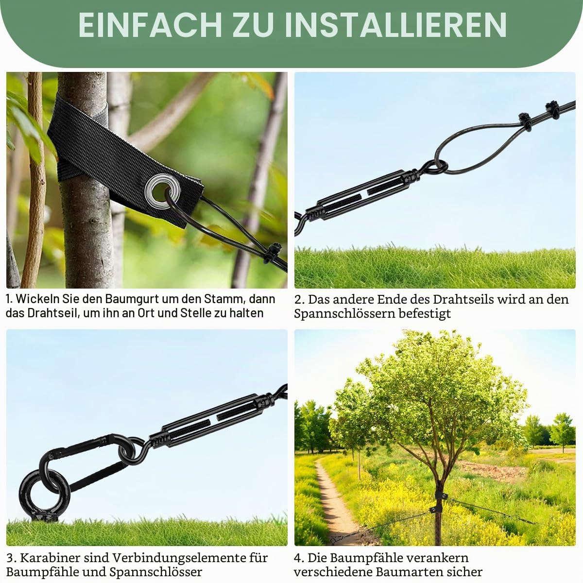 Baumstützen Set Schwerlast 3er Pack 45 cm – Spiral-Baumanker/Bodenanker mit Baumgurten, Spannschlössern & 3/16" PVC-Drahtseil, für Junge/schiefe Bäume, Windschutz