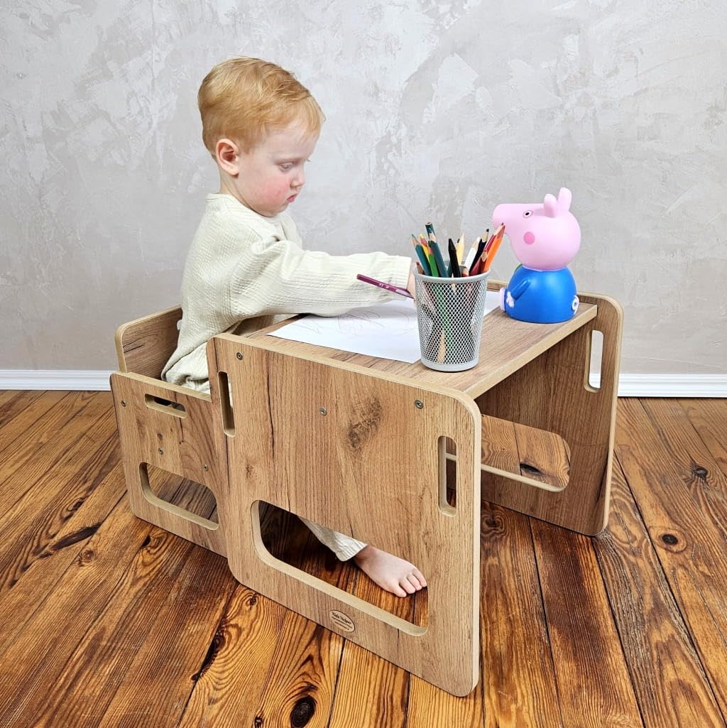Kids Helper Kindertisch mit Stuhl – erste Montessori Sitzgruppe aus laminiertem MDF, Tisch 40 x 38 x 36 cm, Sitzhöhe 15 cm, für ca. 1–3 Jahre, Eiche, TB-330
