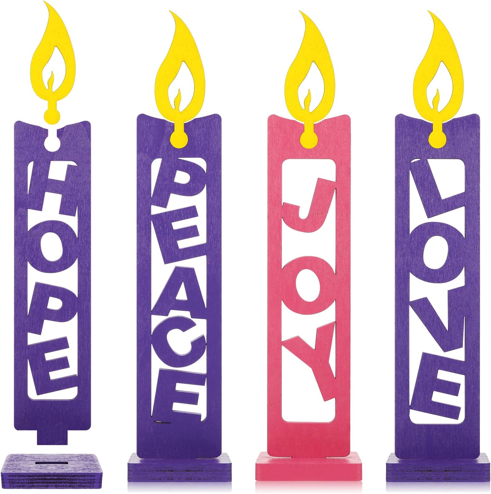 Marsui 4 Pcs Christmas Advent Candles Decor, 11 Inch Advent Wooden Candles, 3 Purple 1 Pink Peace Love Joy Hope Christmas Decor for Church Religious Wreaths Seasonal Celebrations Christian Party Gift