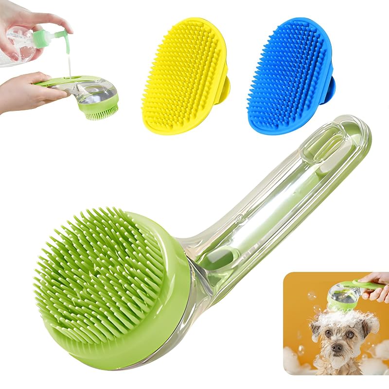 Escova para Banho de Cães com Dispenser de Shampoo e Alça Ajustável Peehss Verde, Pacote com 3