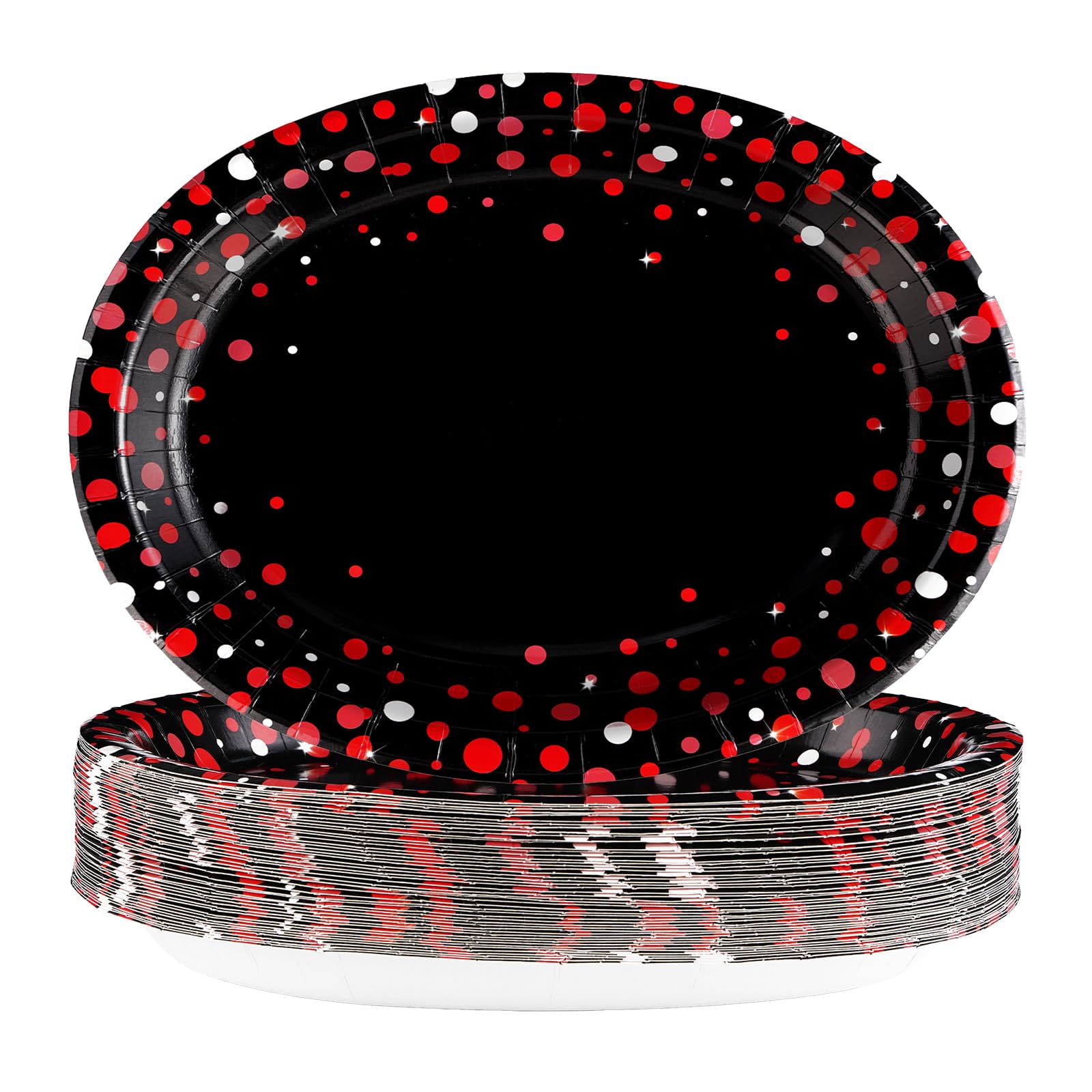 50 Pcs Large Red Dot on Black Party Plates - 10"x12" Disposable, Heavy Duty, 400 GSM, Perfect for Black & Red Birthday Decorations, Baby Showers, Weddings