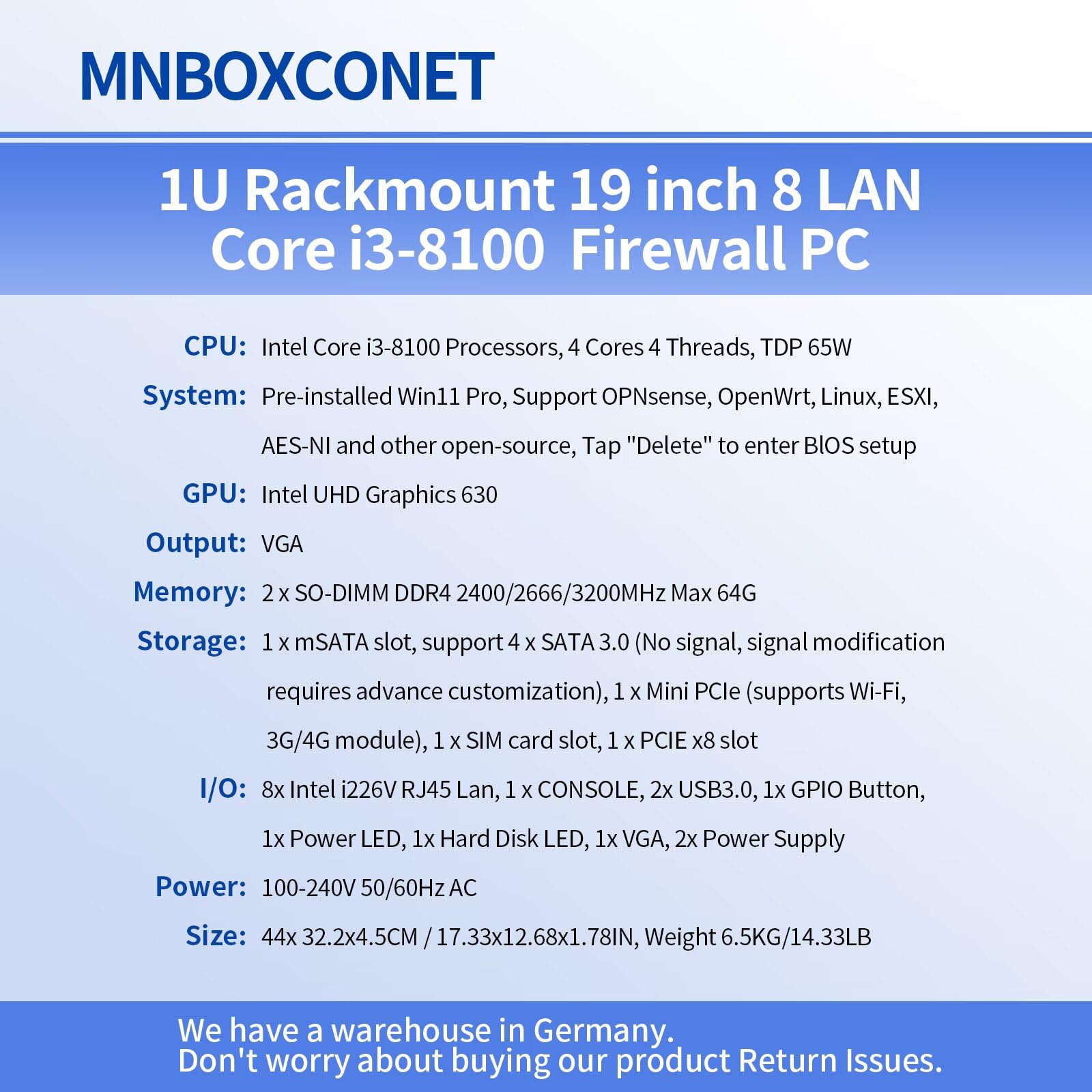 1U Firewall 19" Routeur Appliance C236 Core i3 8100, 8 x 2,5 Gigabit Ethernet OPNsense, 16 Go RAM 128 Go SSD, Redundancy Power Supply USB 3.0, Console, serveur de matériel réseau