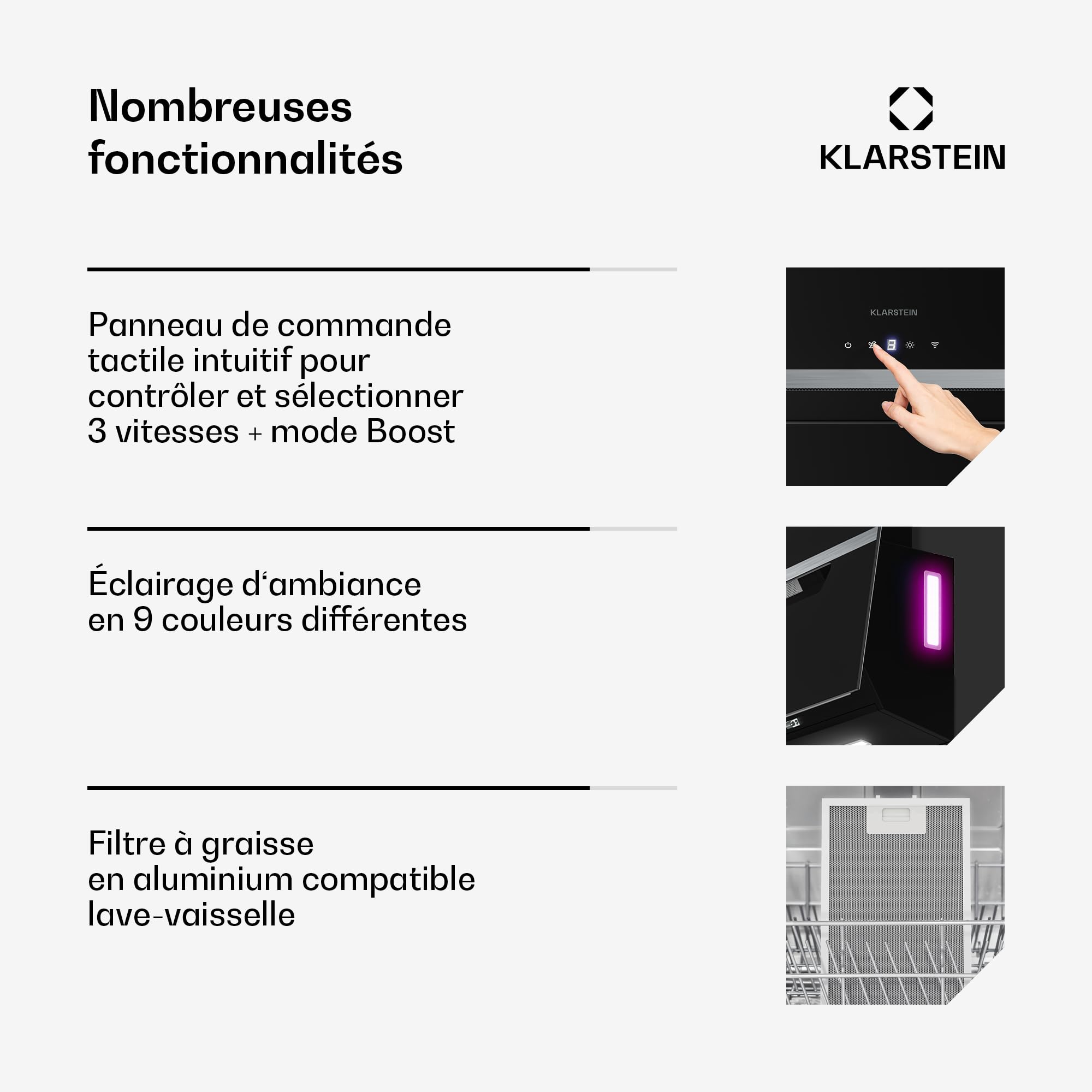 Klarstein BigBite Hotte Aspirante 90 cm - Hotte Décorative Inclinée, 417 m³/h, A+++, LED, 3 Vitesses & Boost, Filtre Charbon, Tactile, Recyclage ou Évacuation, Design Verre Noir