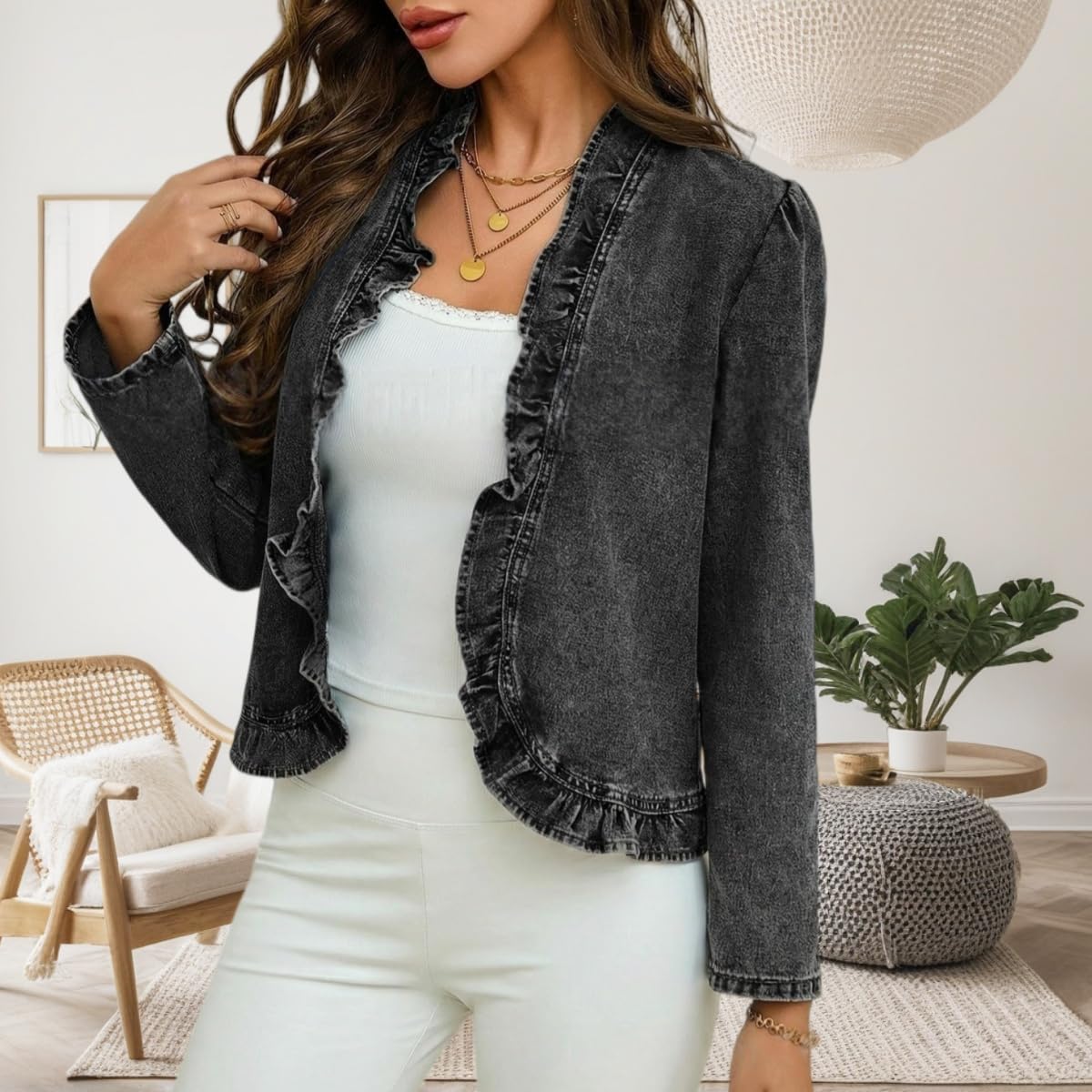 Giacca di jeans da donna con volant e apertura frontale | senza collo, cappotto in jeans, casual, alla moda per la primavera