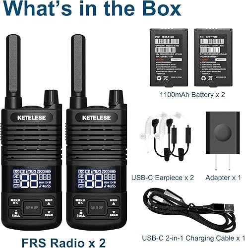 Miniatura 9 de KETELESE T1 FRS Walkie Talkie Set para adultos, radio bidireccional de largo alcance, con auricular de radio familiar Walkie-Talkie, NOAA, VOX,