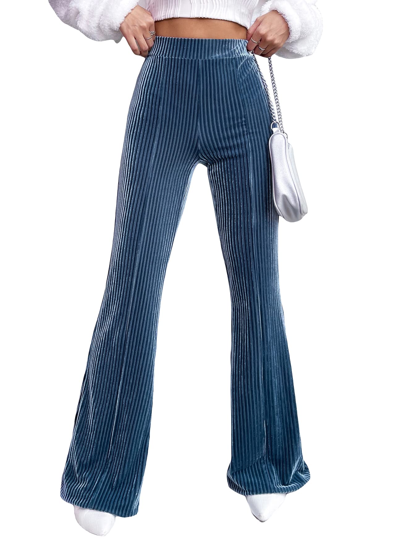 WDIRARA Womens Velvet Flare Leg High Waist Solid Comfy Palazzos Casual Bootcut Pants