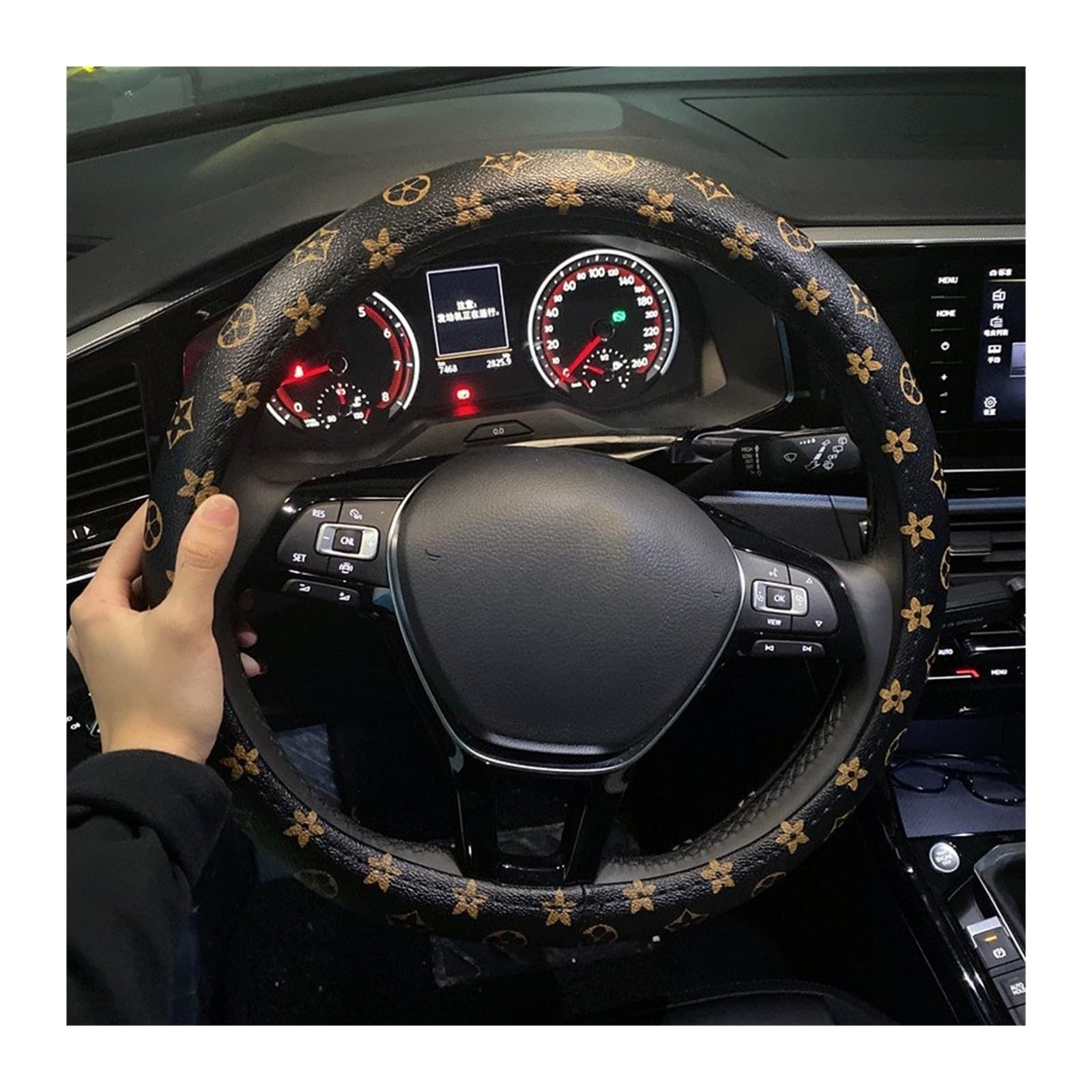 Funda de Volante Floral para presbicia, Cuatro Estaciones, Piel, Antideslizante, diámetro 37-38 cm Funda Volante Coche(Black)