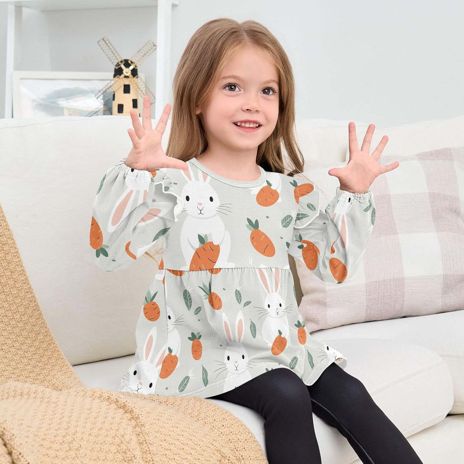 visesunny Toddler Clothes for Girls Dream Plush Rabbit Carrot Long Sleeve Fall Shirts Cotton Top with Ruffle Collar