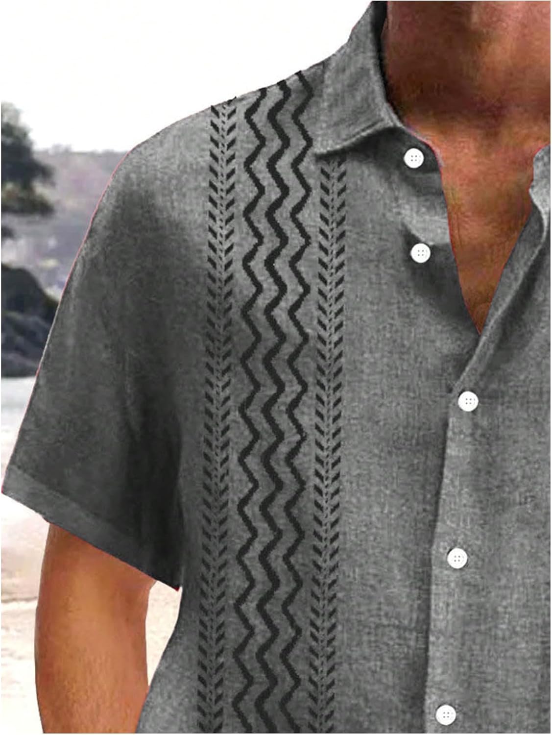WDIRARA Men's Big and Tall Striped Crochet Button Down Shirt Half Sleeve Collared Knit Tops Grey 5X-Large - Image 2