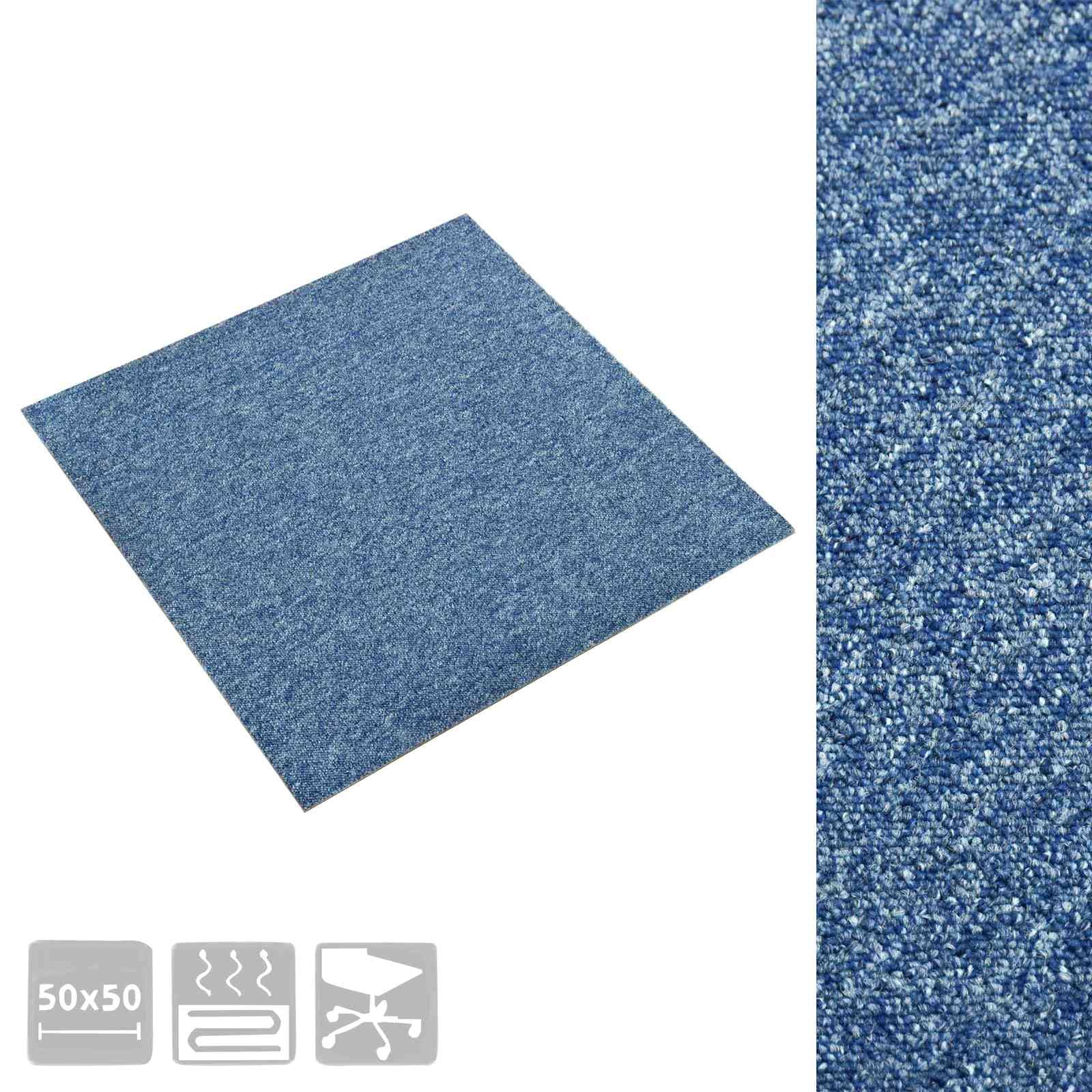 20er Set Teppichfliesen Blau 50x50 cm, Modulare Bodenfliesen aus Polypropylen für Innenbereich, Quadratischer Teppichboden für Büro und Wohnbereich, 5 m² Gesamtfläche