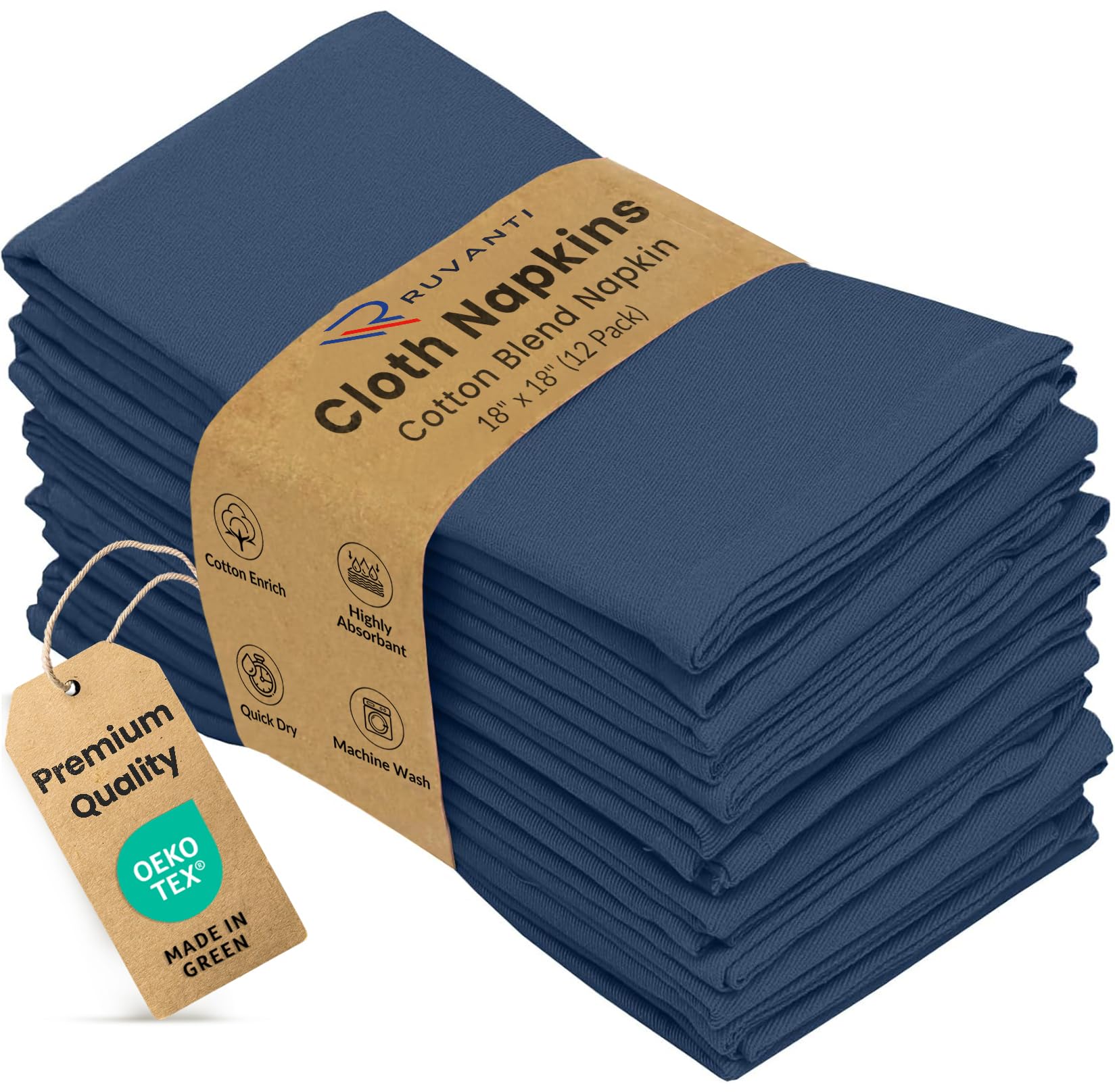 Ruvanti Cloth Napkins Set of 12, Cotton Enrich 18”x18” - Ocean Blue