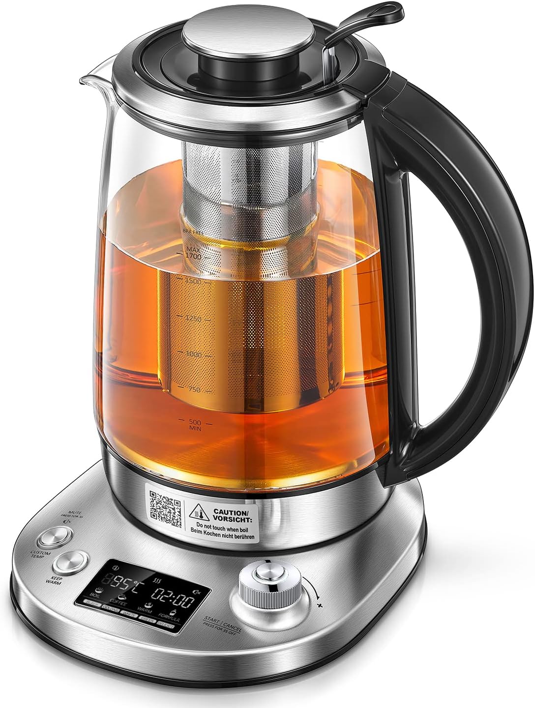 Variable Temperature Kettle, FOHERE Smart Glass Tea Kettle with 9 Temperature Control Presets, LCD Display, 2 Hours Keep Warm, 1.7 Liter Electric Kettles with Removable Tea Infuser(Silver)