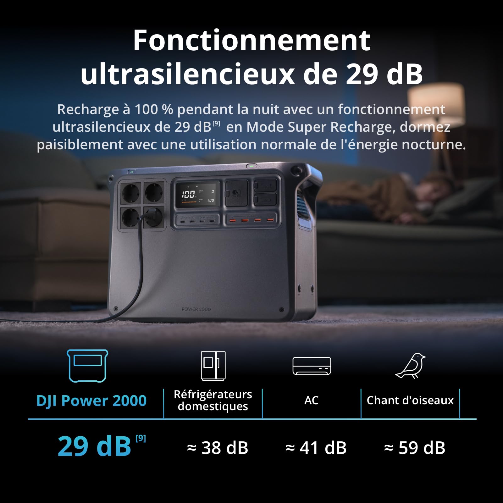 DJI Power 2000 Station électrique portable, batterie LFP de 2 048 Wh, sortie de 3 000 W, recharge de 0 à 80% en 45 min, format compact, panneau solaire 120 W, camping-car, toits, pour l’extérieur