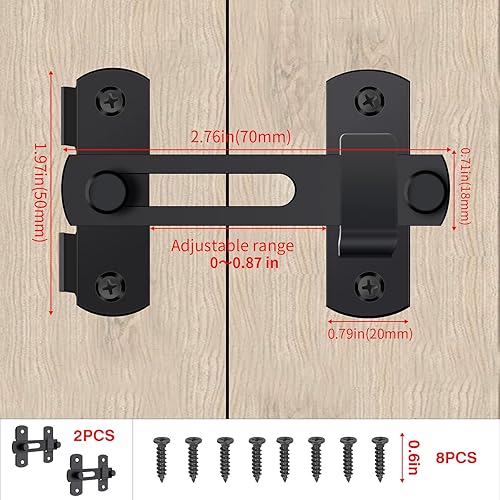 Miniatura 2 de Paquete de 2 pestillos de puerta de granero, 2.76 x 1.97 pulgadas, cierre de puerta abatible de acero inoxidable negro mate, cierre de puerta