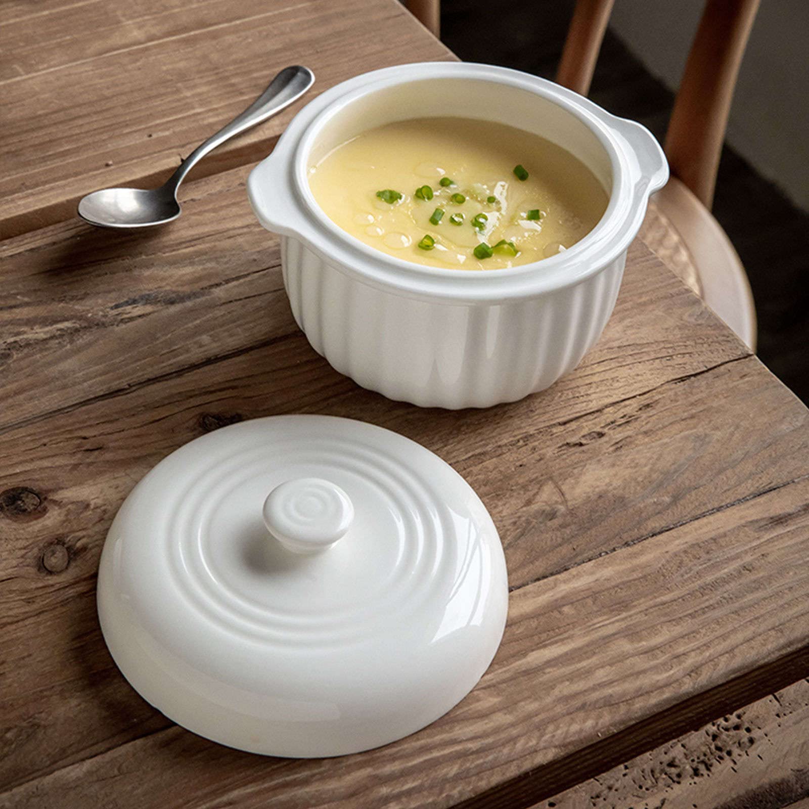 Tazón de Sopa, Tazones de Guiso, Tazas de Caldo, Tazones de Sopa con Asas, Taza de Sopa de Microondas con Tapa, Tazones de Sopa de Cebolla Francesa-Blanco-15x11x10cm, 450ml (Color : White, Size : 15