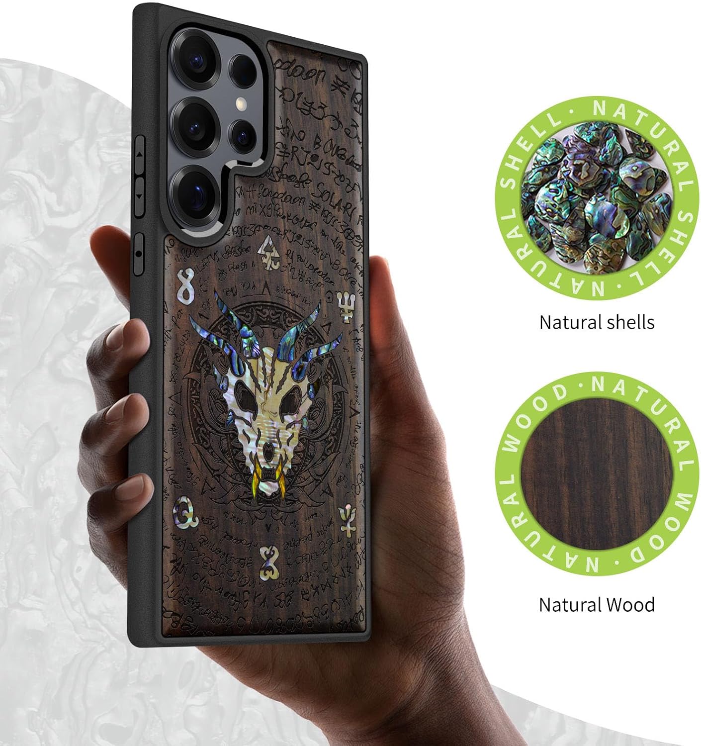 Carveit Magnetic Wooden Case for Samsung Galaxy S25 Ultra Case, Wood Artisan Engraved & Handmade Shell Inlaid, Compatible with MagSafe Wireless Chargers (Dragon Skull) Blackwood