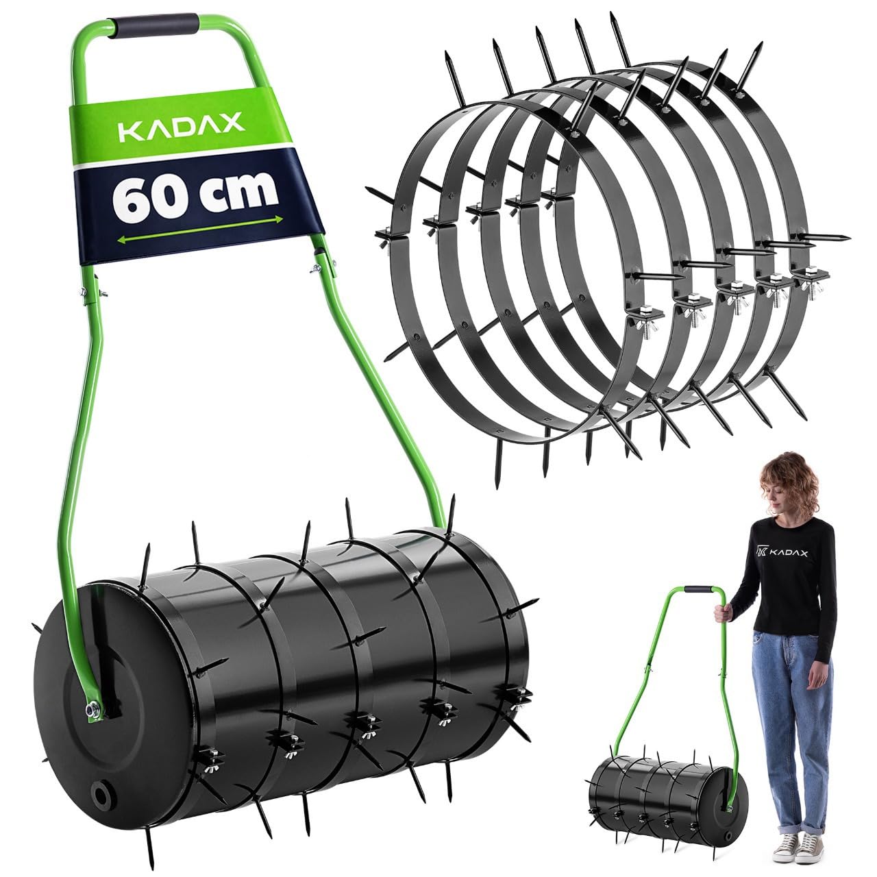 KADAX Rouleau aérateur de pelouse, 60 cm, remplissable d'eau ou de sable, avec clous de 6 cm, en acier, avec pointes pour une aération efficace de la pelouse