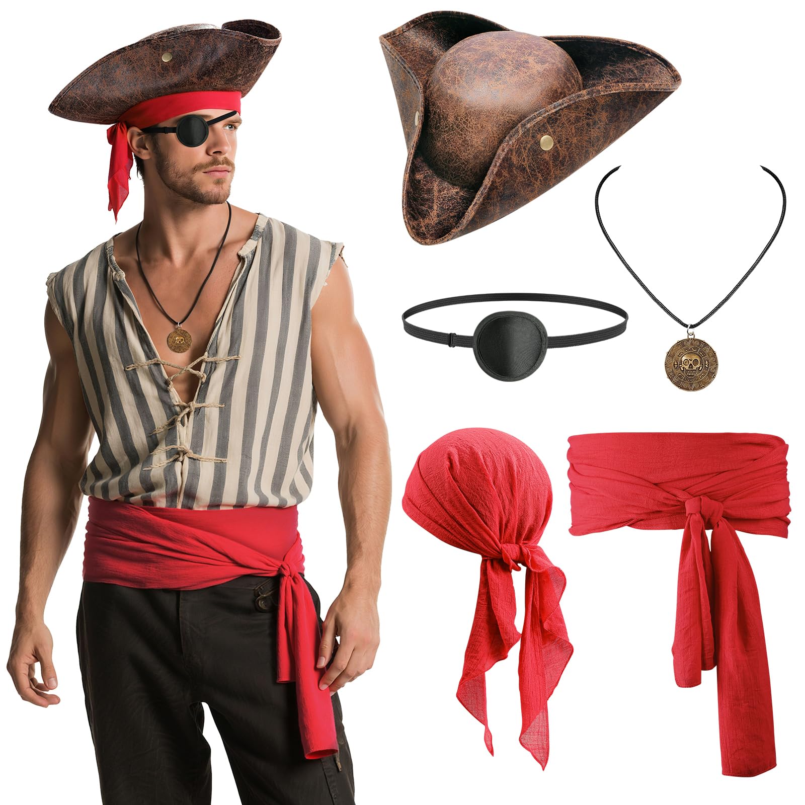 5PCS Pirate Costume Accessories Set for Men Halloween Pirate Hat Faux Leather Tricorn Hat Bandana Sash Eye Patch