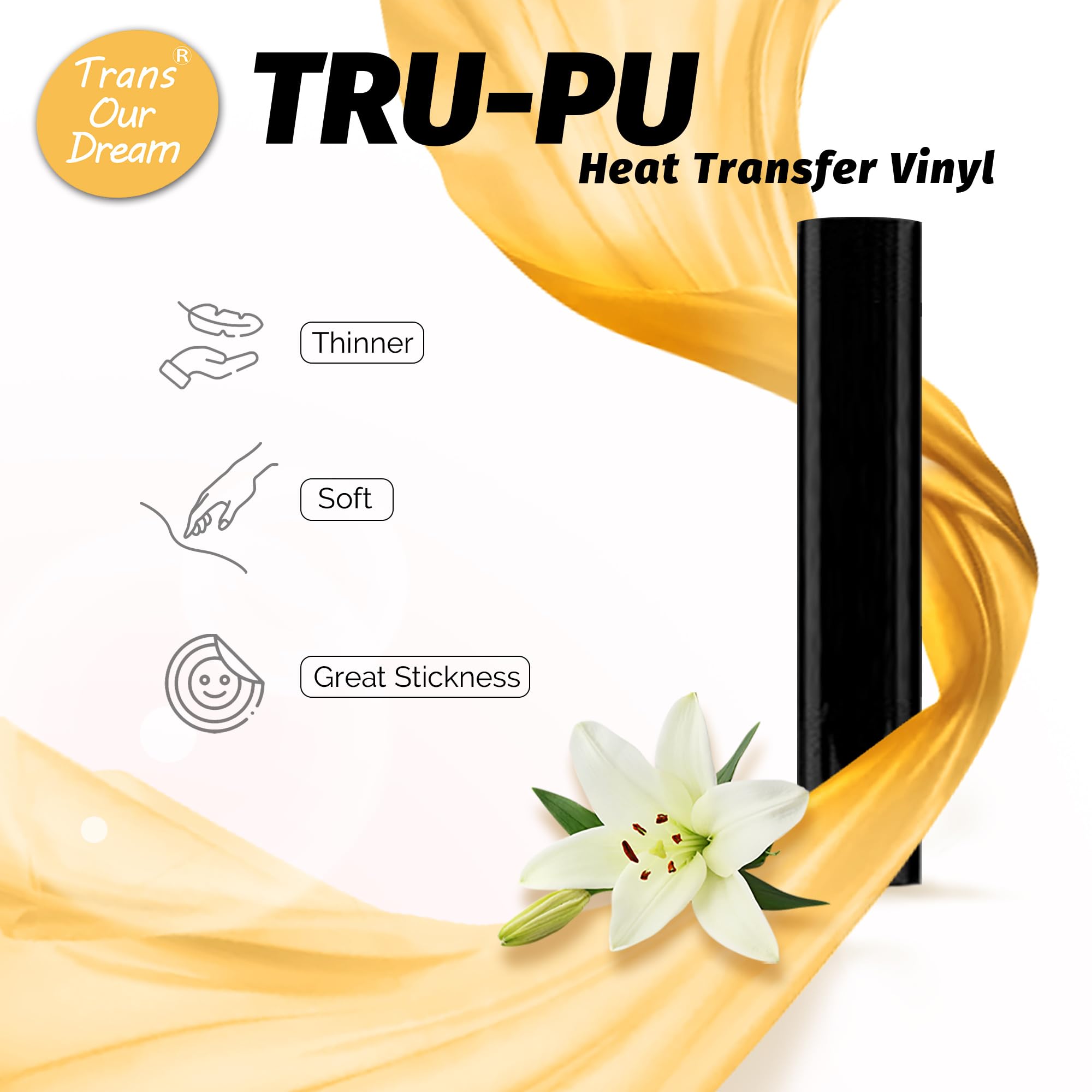 TransOurDream Tru-PU Smart Iron On Vinyl Roll for Maker 3, Explore 3, AIR 2, Cameo, 13in x 20ft Matte Black Smart HTV Vinyl for T-Shirts, Matless Cutting for Long cuts, Thinner, Soft, Sticky