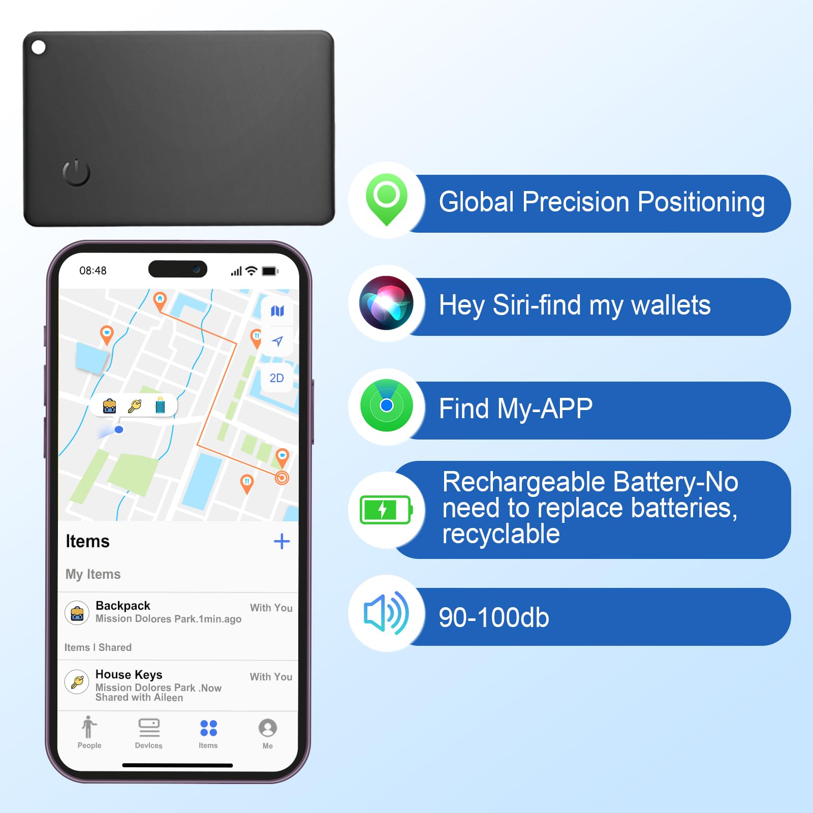 Tarjeta de rastreador de monederos, 2 unidades, buscador de billetera recargable, Find My (solo iOS), rastreador de teléfono móvil, IP67 resistente al agua, clasificador de objetos para