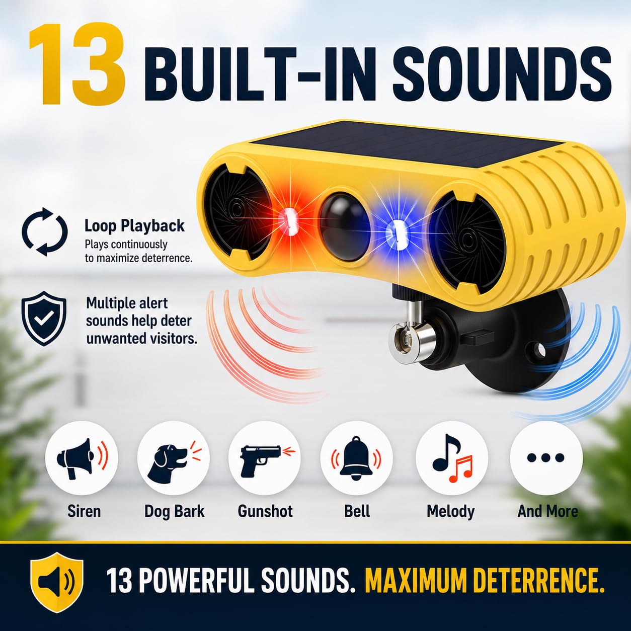 Solar Bewegungsmelder Alarm mit 13Sounds,129db Dual Lautsprecher Schussgeräuschen Hundegebell Sound LED Rot Blau Warnung Sicherheits Strobe Licht für Außen Farm Yard Orchard Scheune (2 Pack)